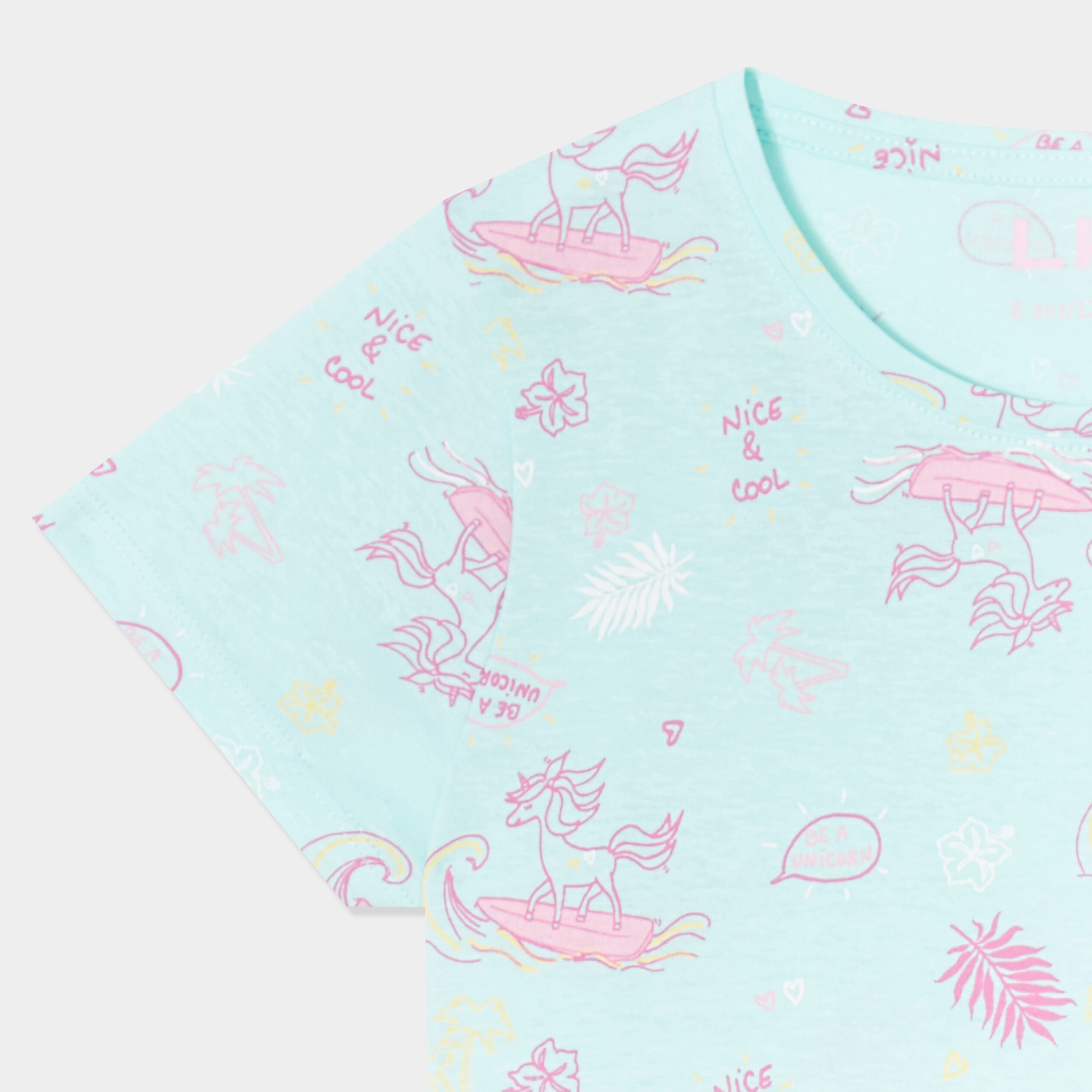 T-shirt col rond manches courtes coton bleu clair fille