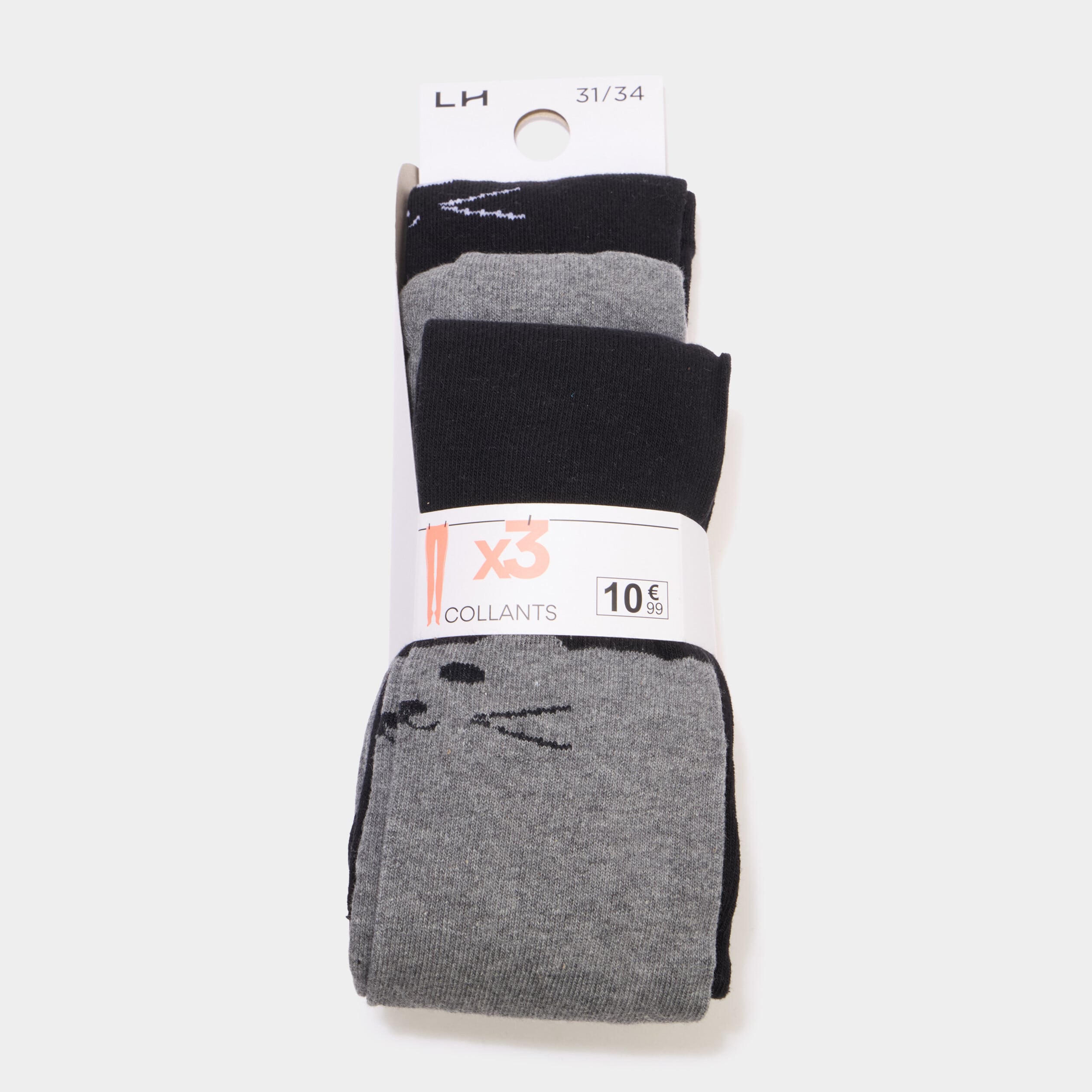Lot 3 collants coton d&eacute;tail chat gris fille