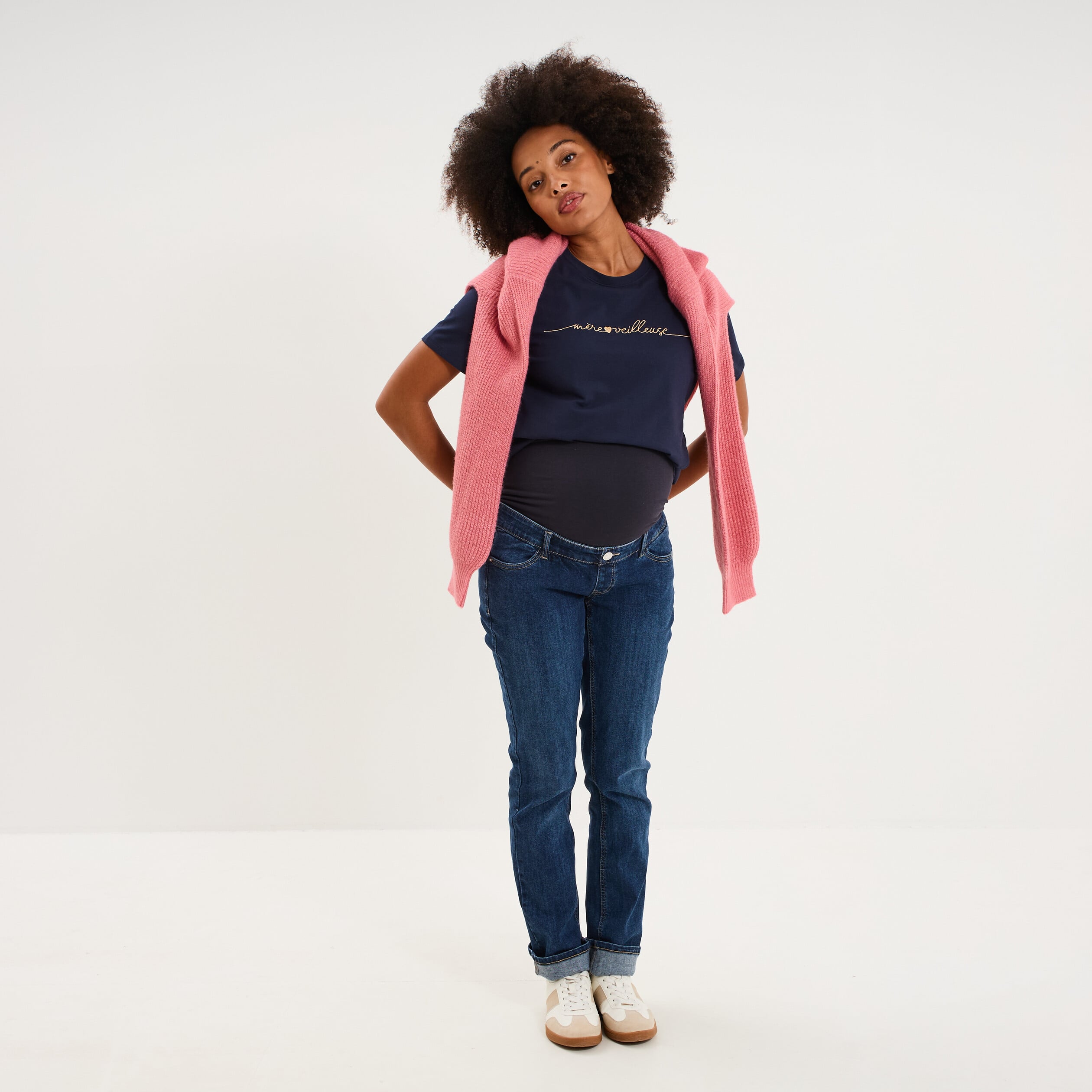 Jeans grossesse droit avec bandeau denim stone femme maternit&eacute;
