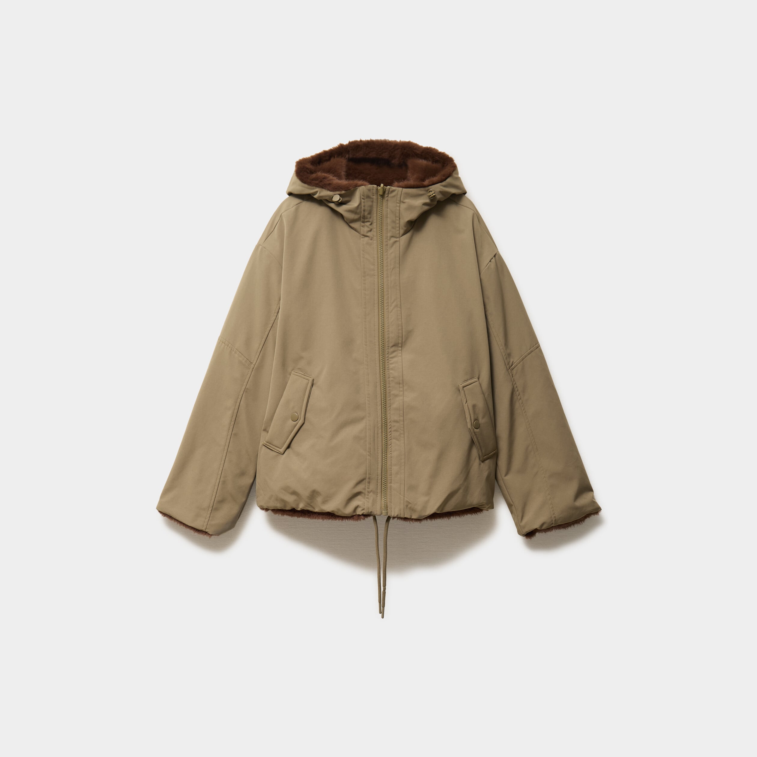 Parka r&eacute;versible capuche fausse fourrure vert kaki femme