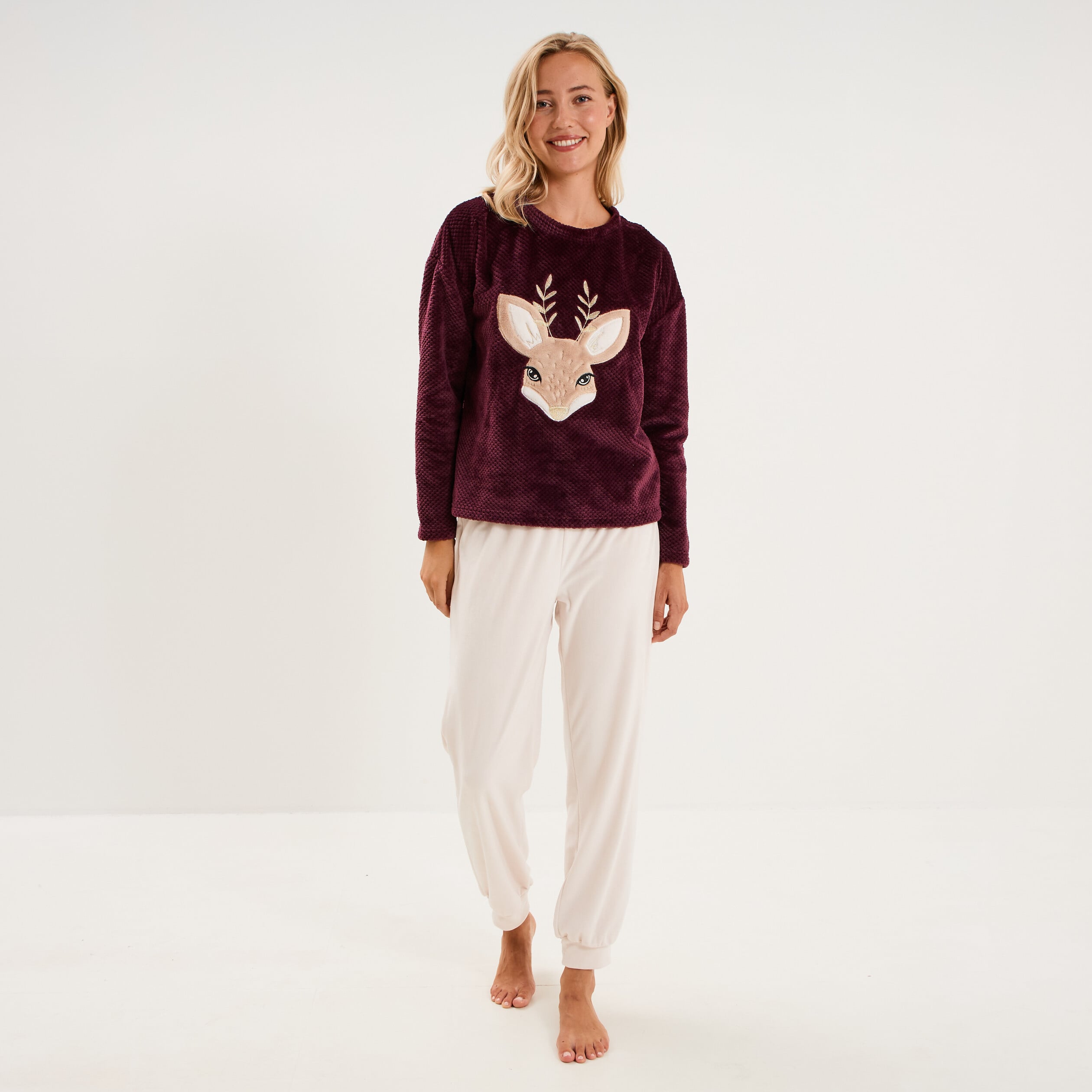 Ensemble pyjama pantalon polaire prune femme