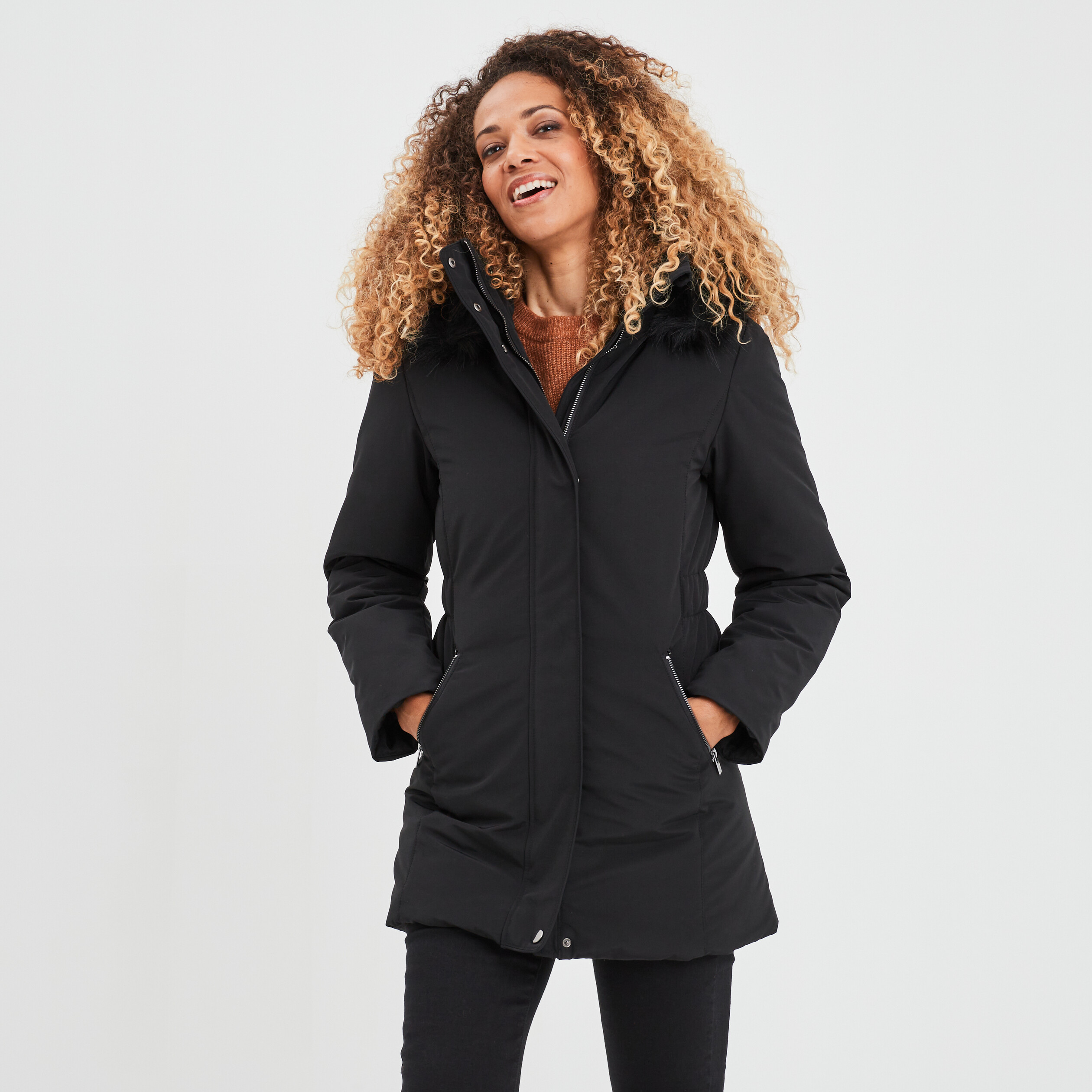 parka mi longue a capuche fourrure noir femme Parka mi-longue à capuche fourrure noir femme