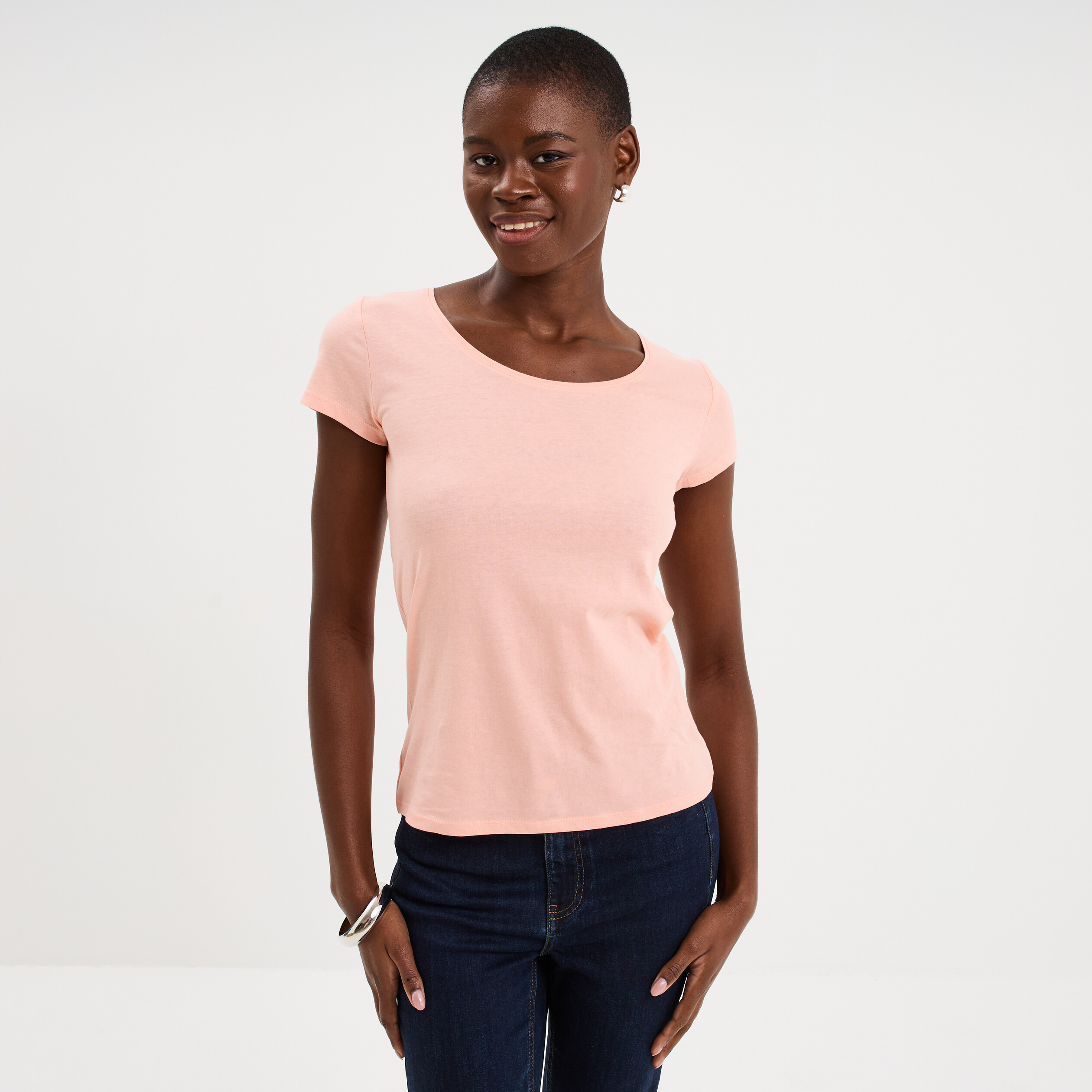 T-shirt coton col rond manches courtes rose poudr&eacute;e femme