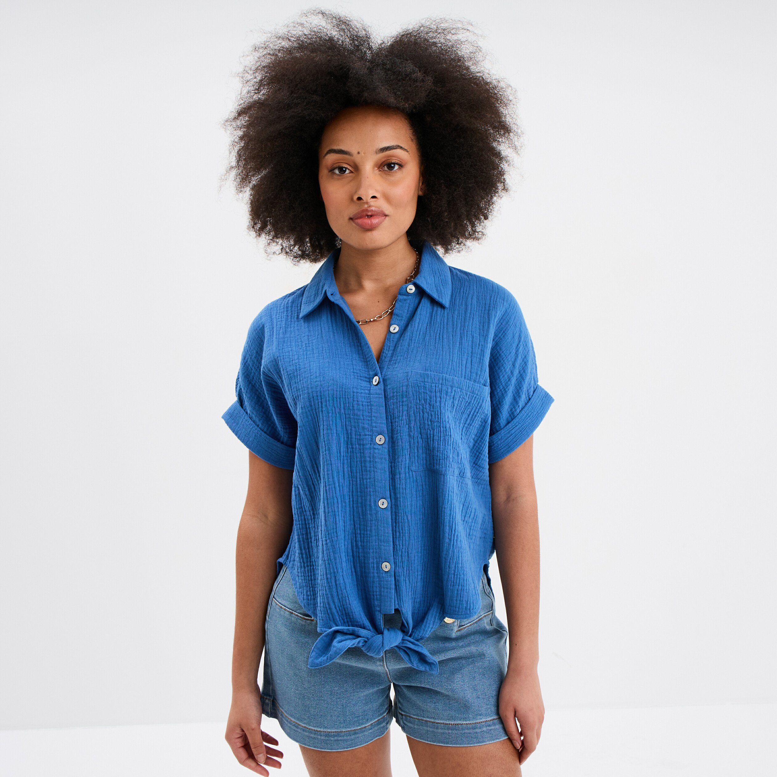 chemise nouee manches courtes gaze coton bleu fonce femme Chemise nouée manches courtes gaze coton bleu foncé femme