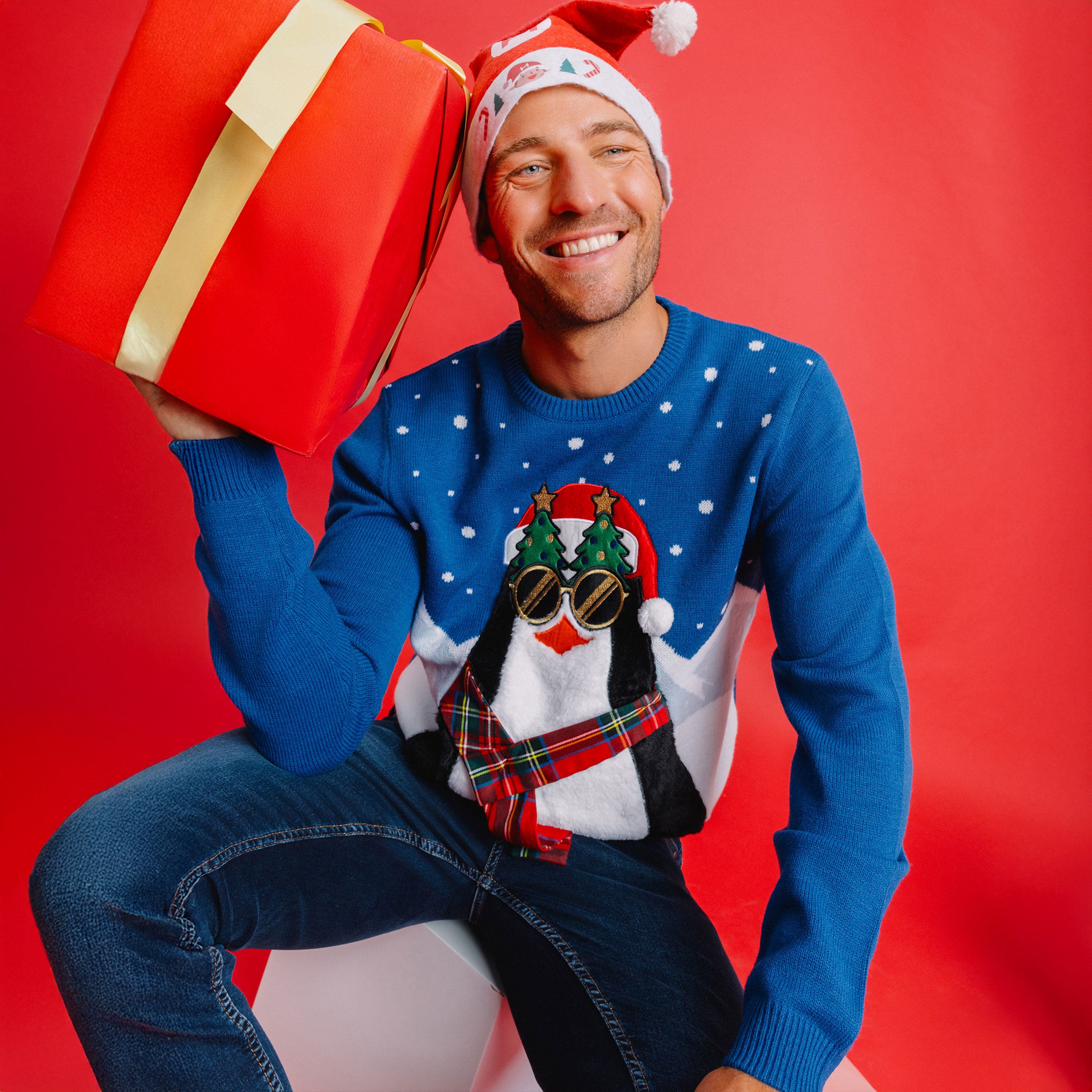 Pull de No&euml;l col rond bleu homme