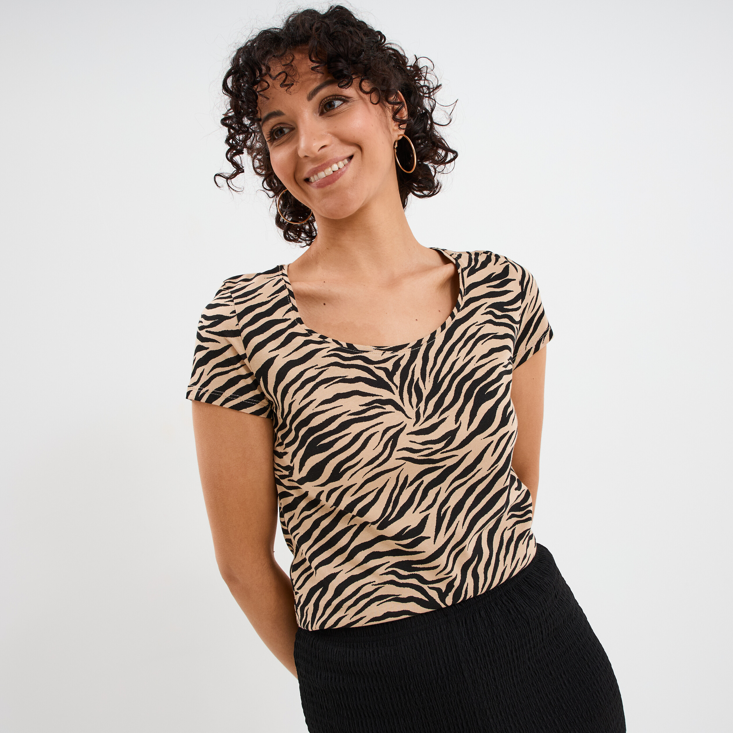 t shirt coton imprime coupe ajustee sable femme T-shirt coton imprimé coupe ajustée sable femme