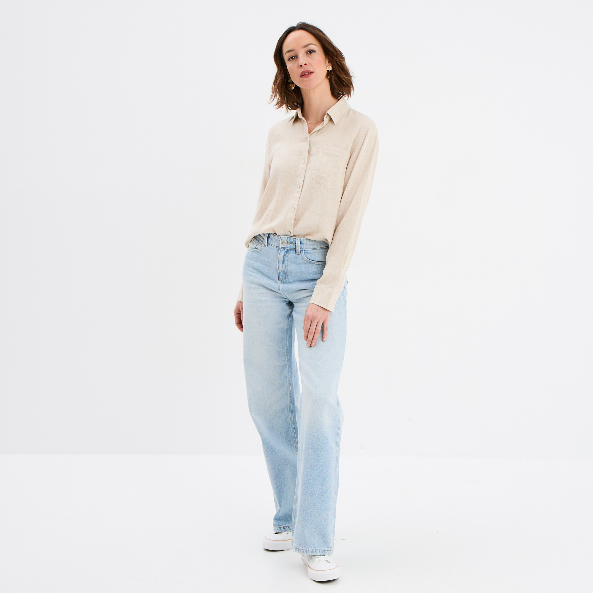 Chemise lin m&eacute;lang&eacute; manches longues beige femme