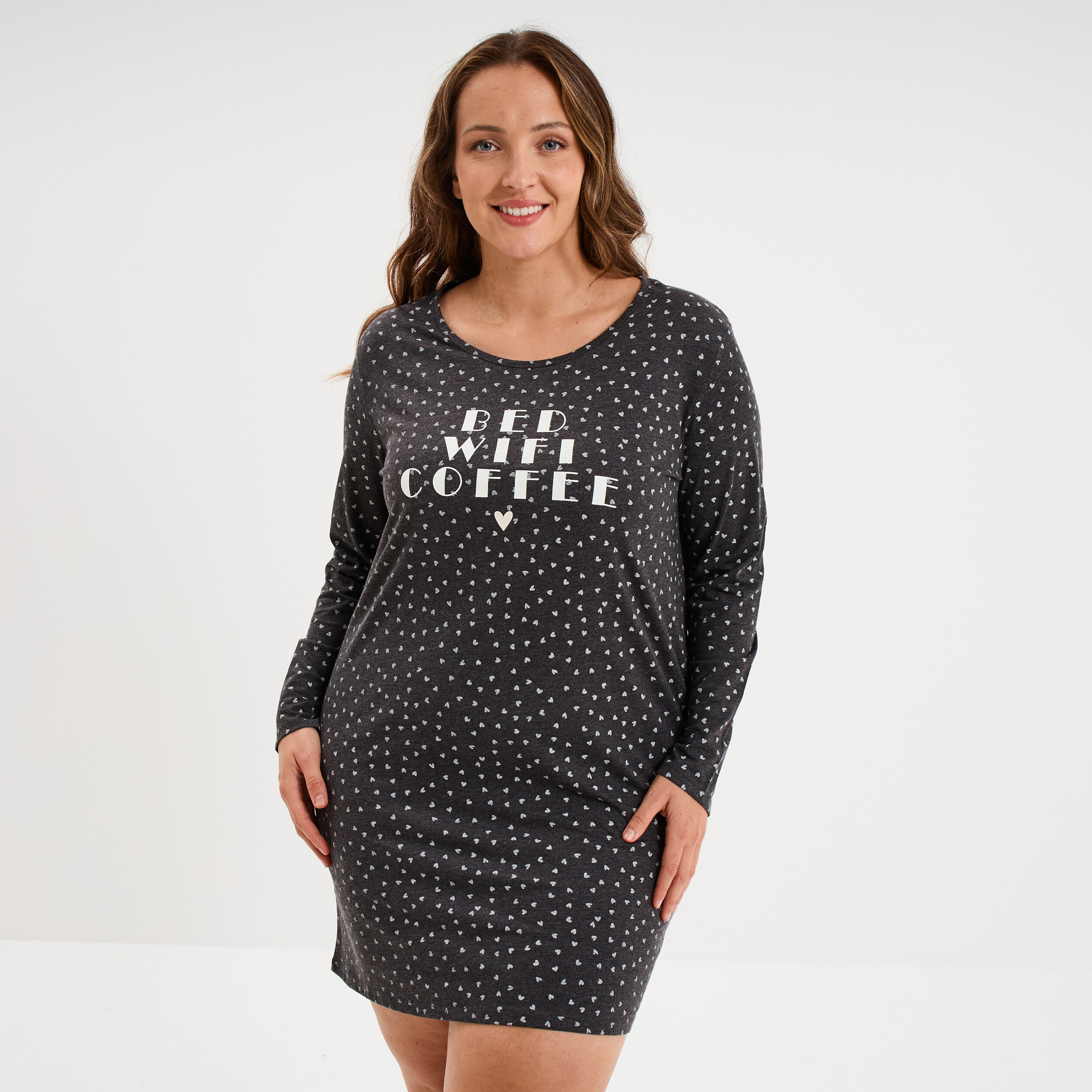 Chemise de nuit manches longues gris fonc&eacute; femme grande taille