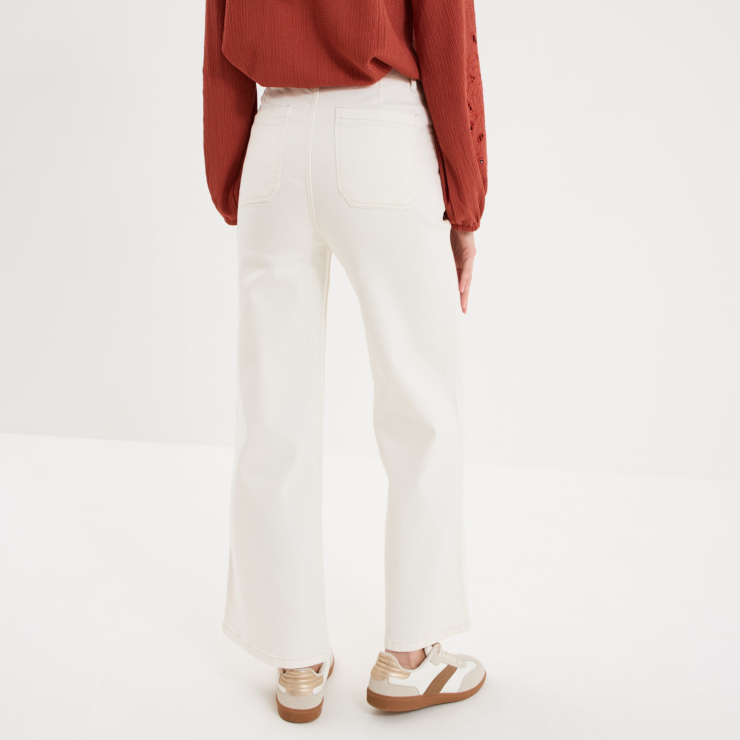 Pantalon cropped large &agrave; pont ecru femme