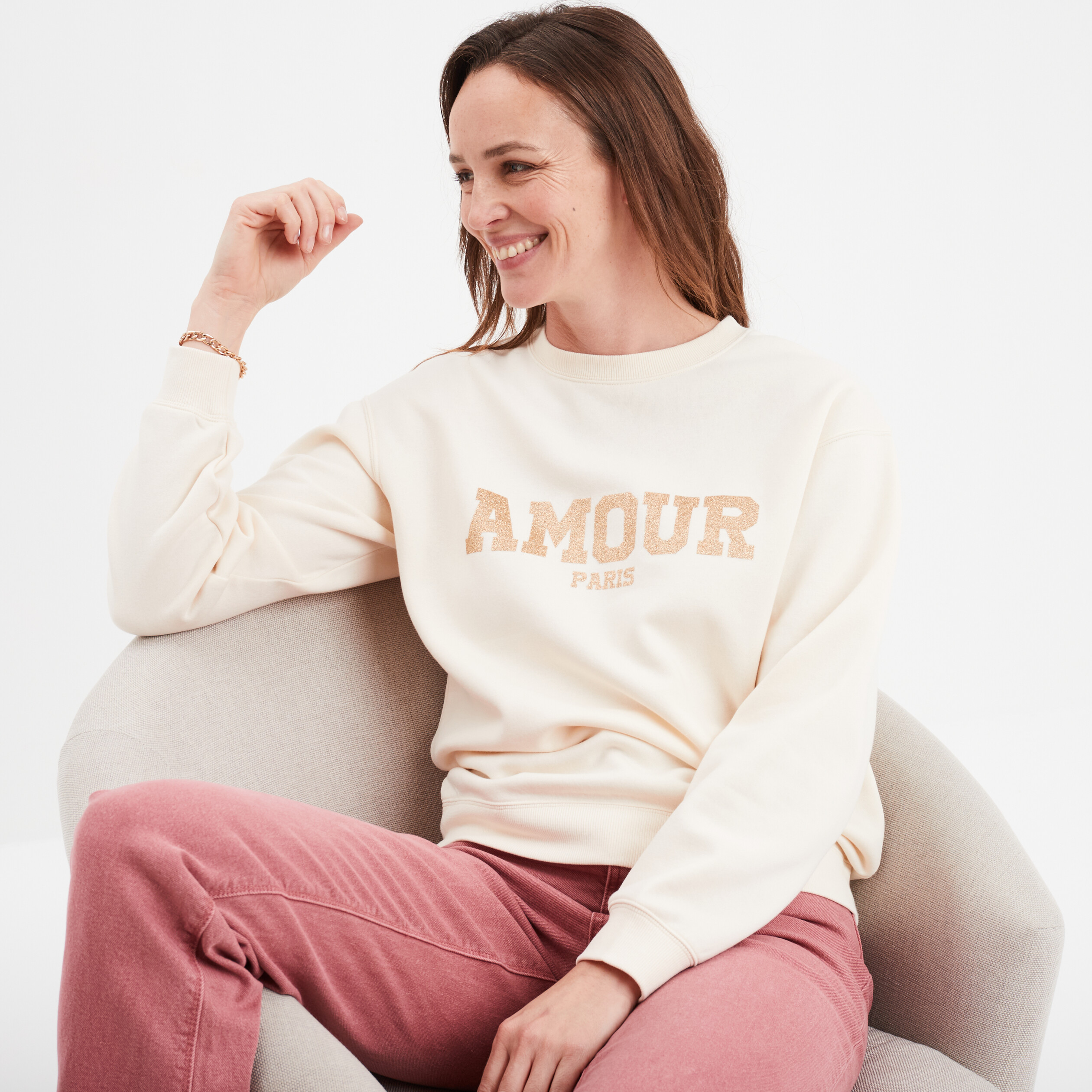 sweat col rond a paillettes sable femme Sweat col rond à paillettes sable femme