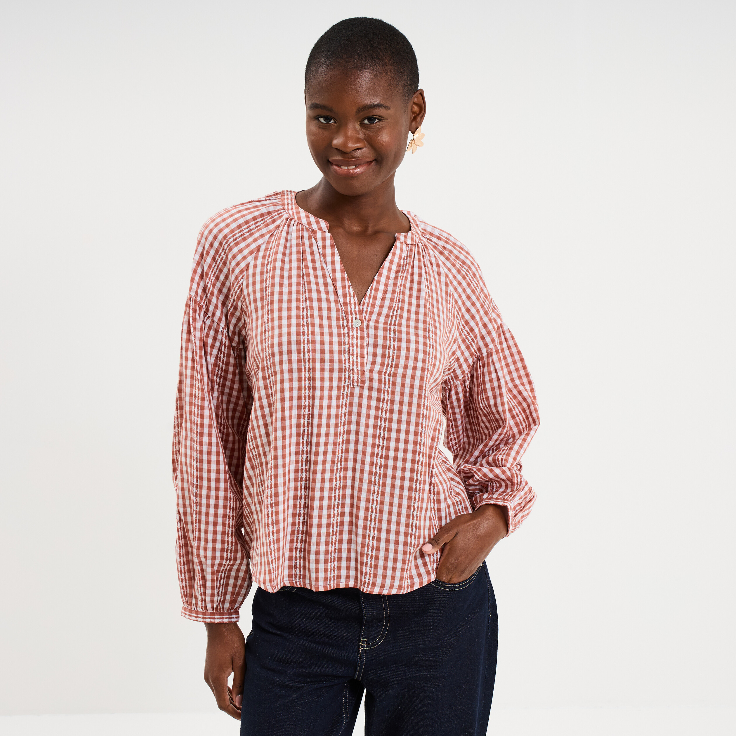 Blouse oversize col tunisien coton terracotta femme