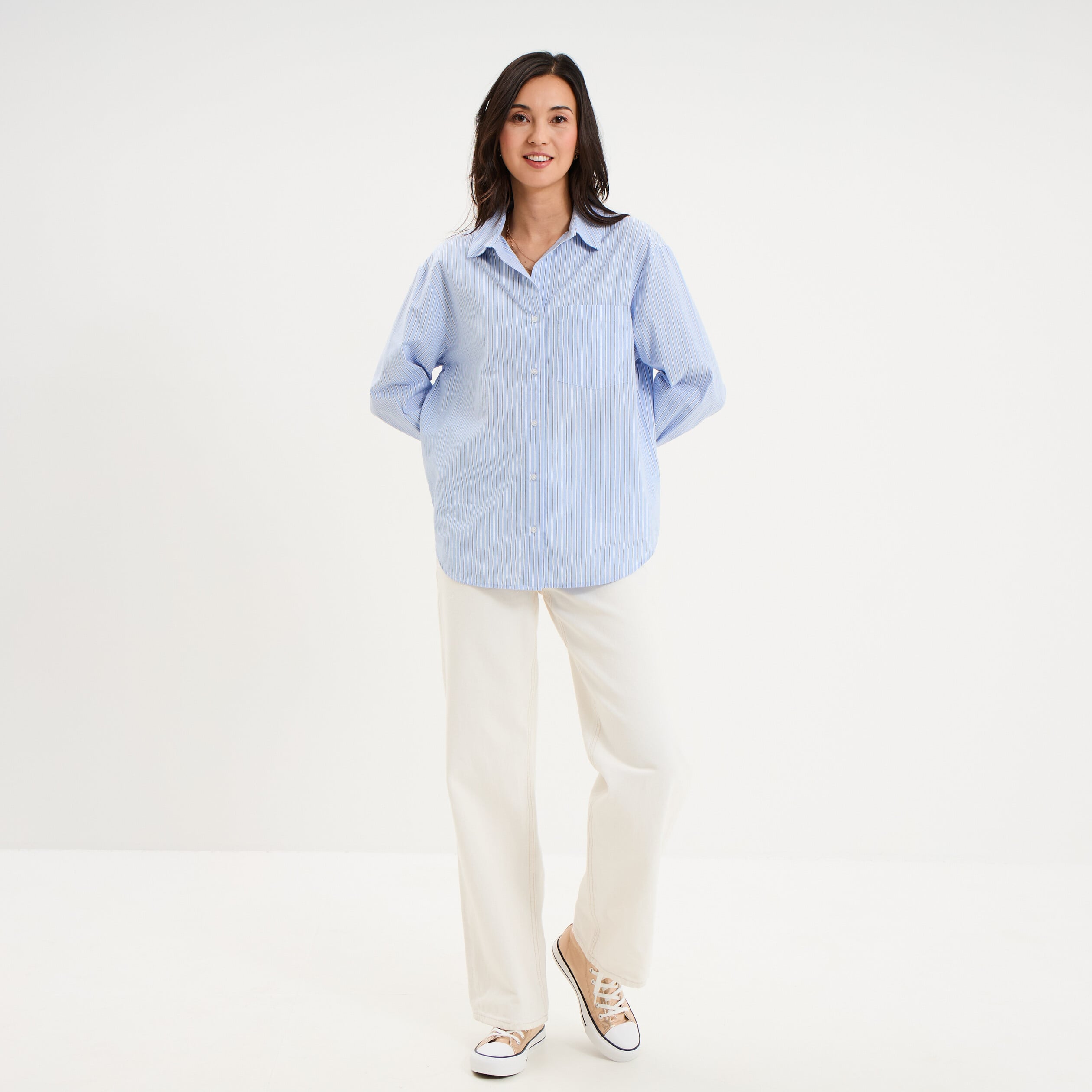 Chemise oversize 1 poche coton bleu ciel femme