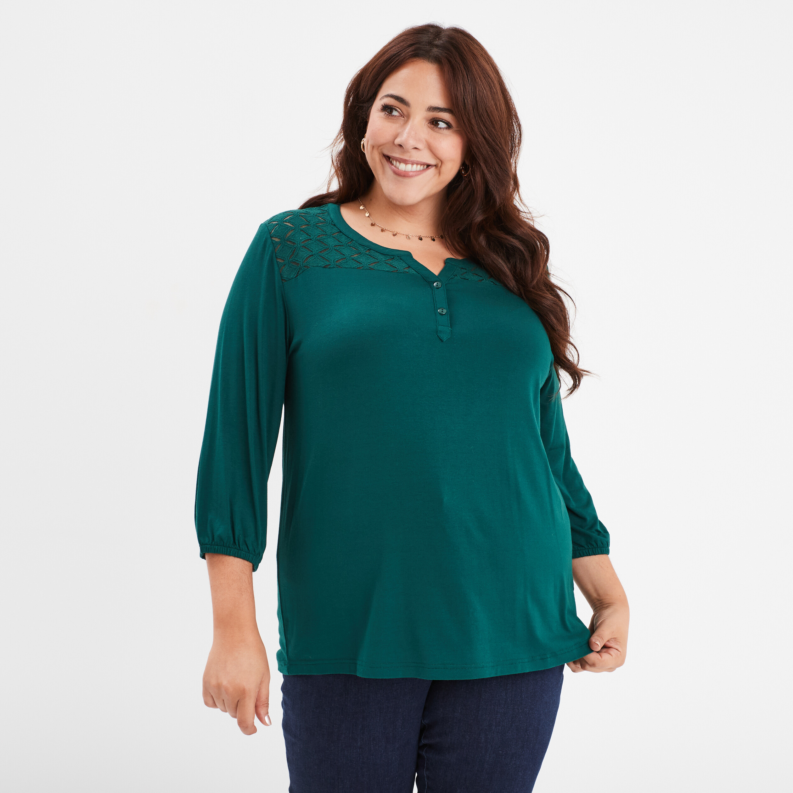 T shirt avec dentelle manches 3 4 vert fonce femme grande taille