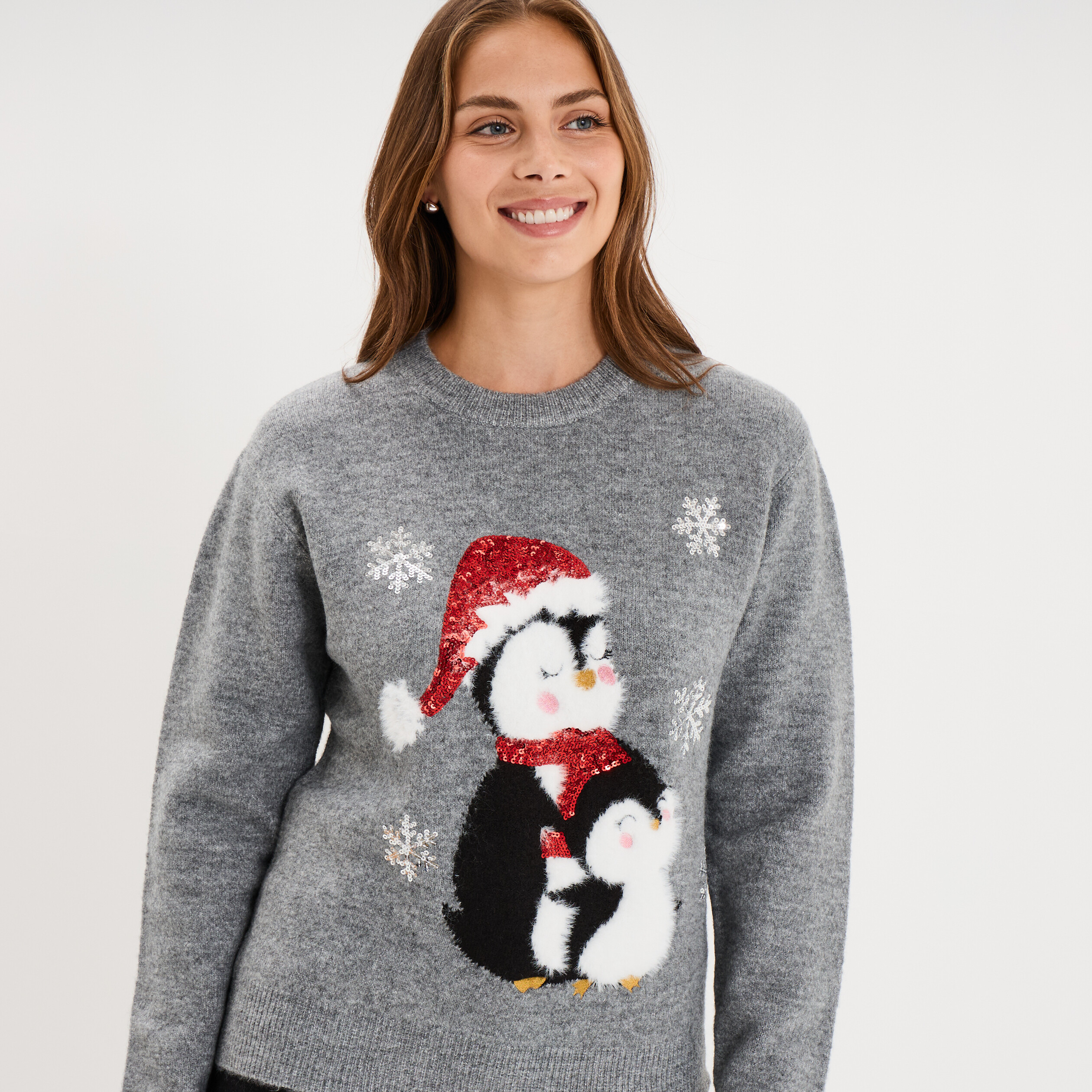 Pull de No&euml;l avec sequins gris clair femme