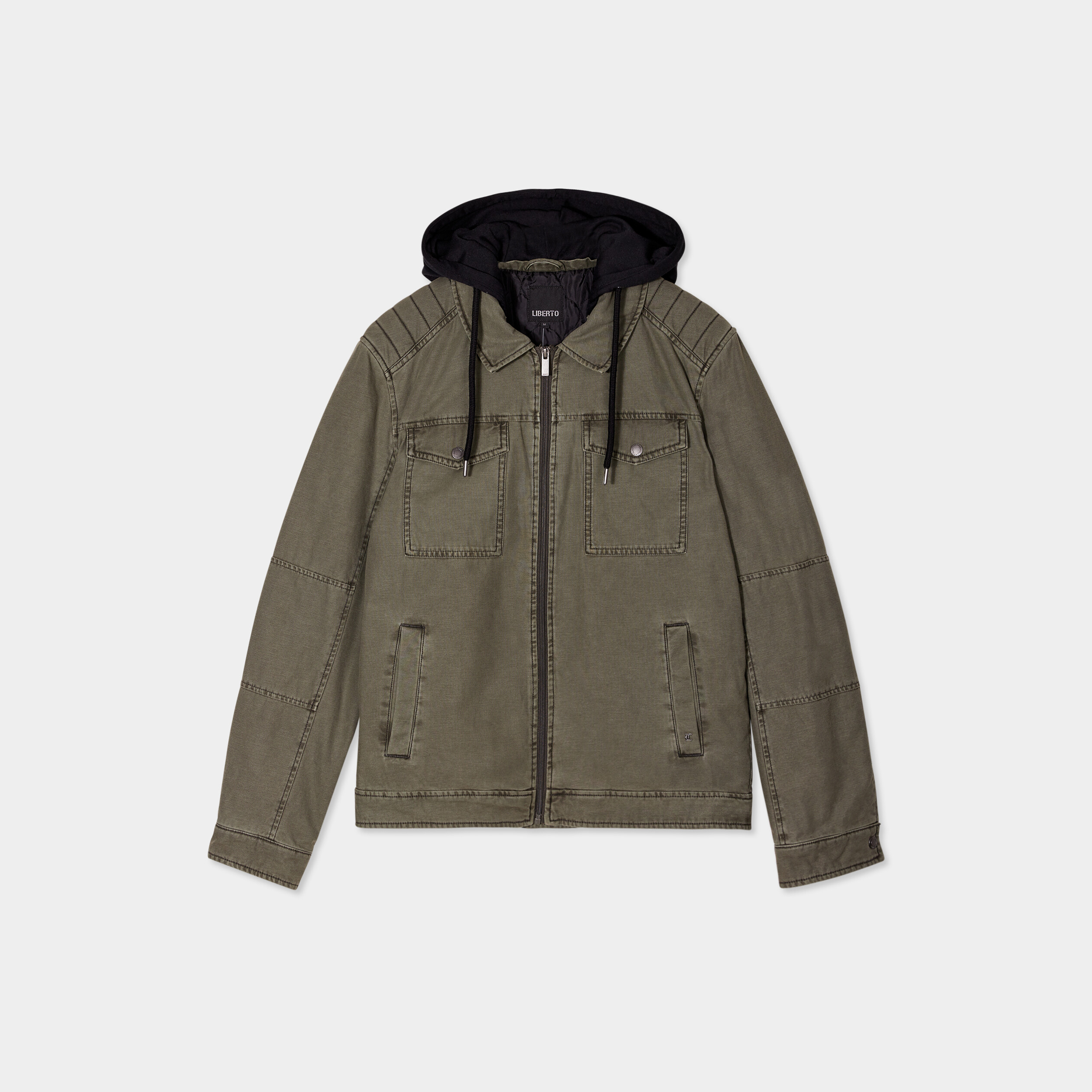 Veste doubl&eacute;e capuche amovible en coton vert kaki homme