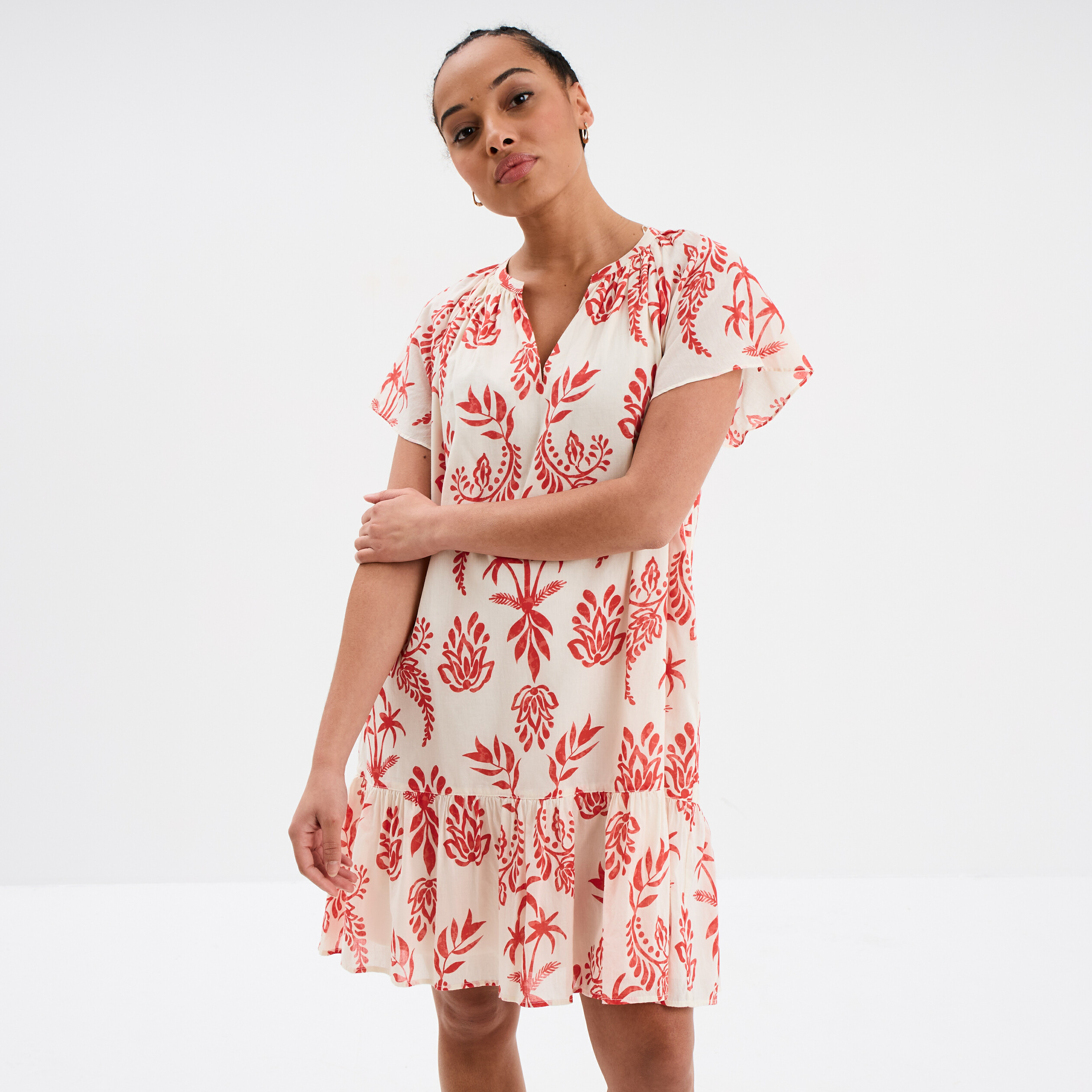 robe trapeze manches papillons coton ecru femme Robe trapèze manches papillons coton ecru femme