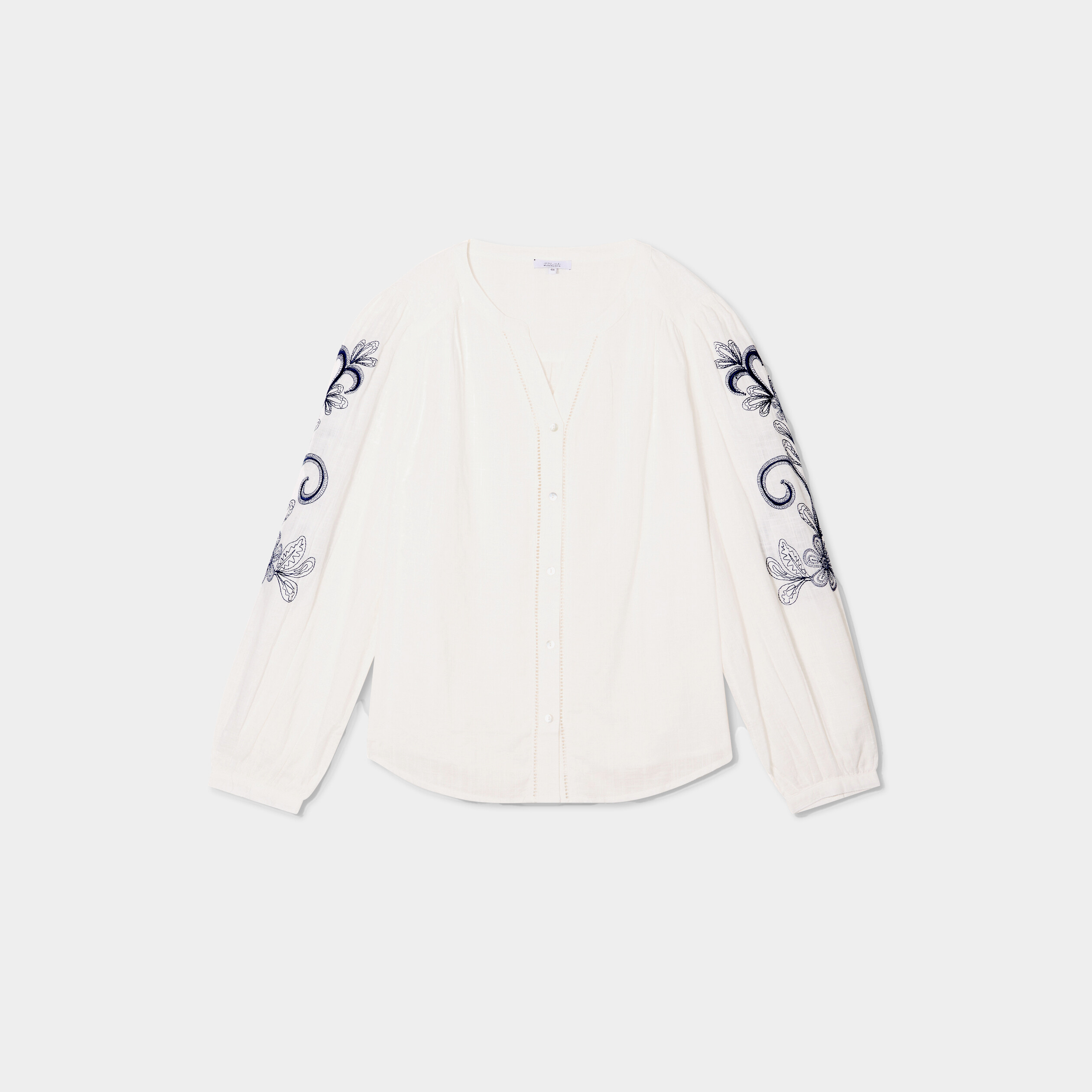 Blouse manches brod&eacute;es col tunisien blanc femme grande taille