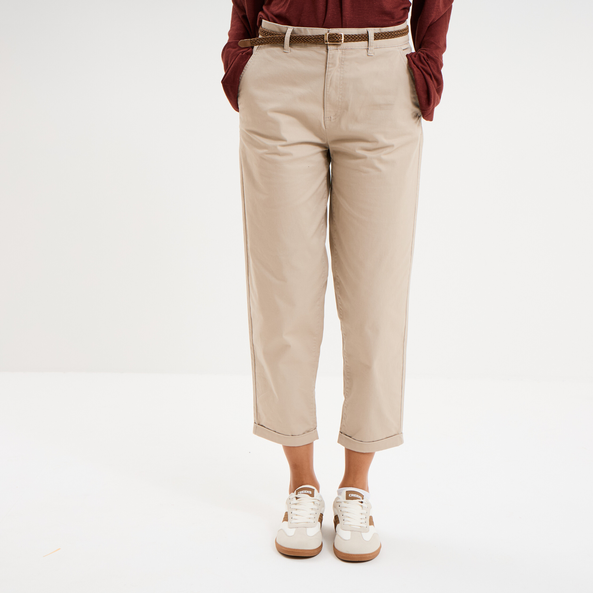 Pantalon Chino Regular Ceinture Tress e Beige Femme La Halle