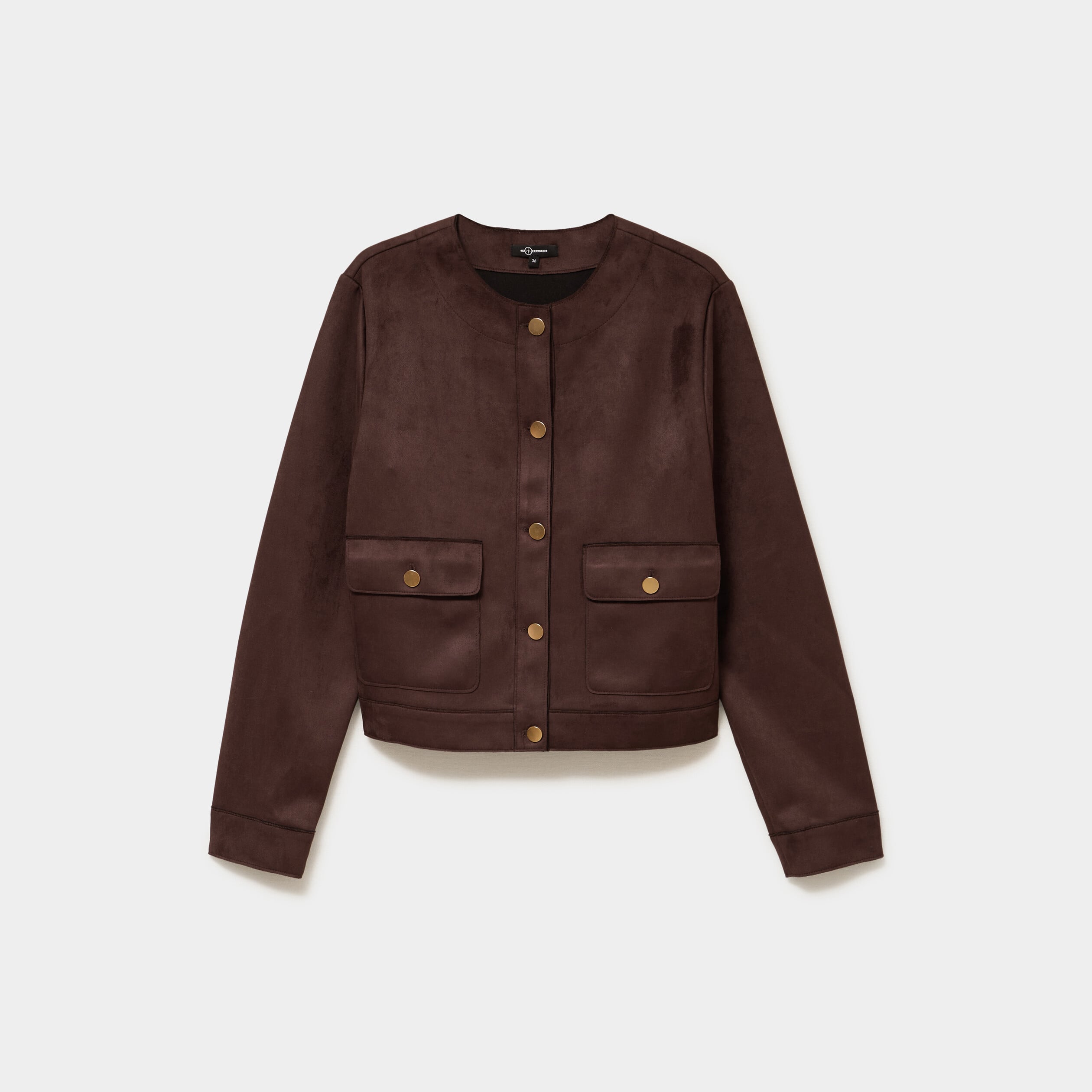 Veste boutonn&eacute;e effet su&eacute;dine marron fonc&eacute; femme