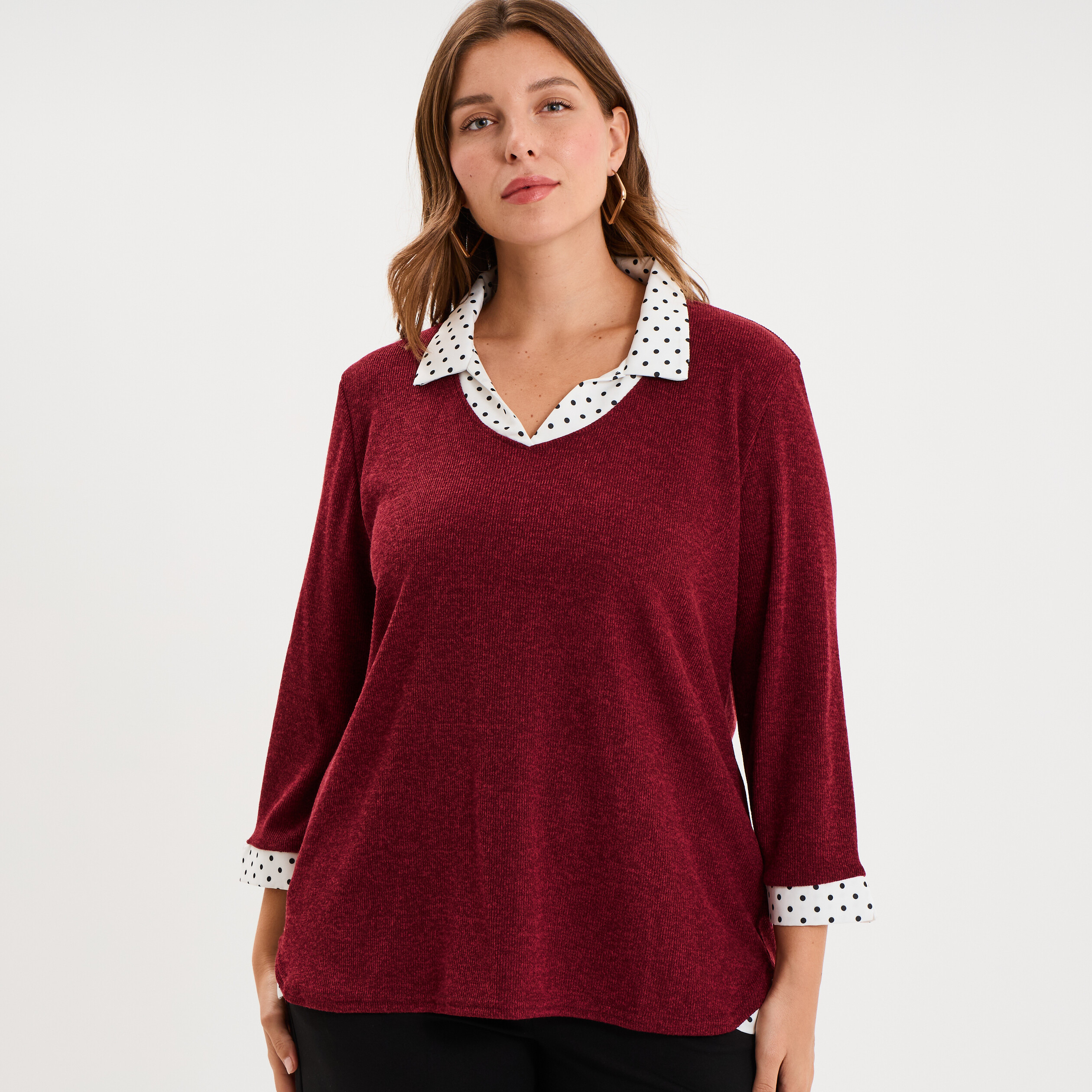 Pull effet 2-en-1 avec manches 3/4 rose framboise femme grande taille