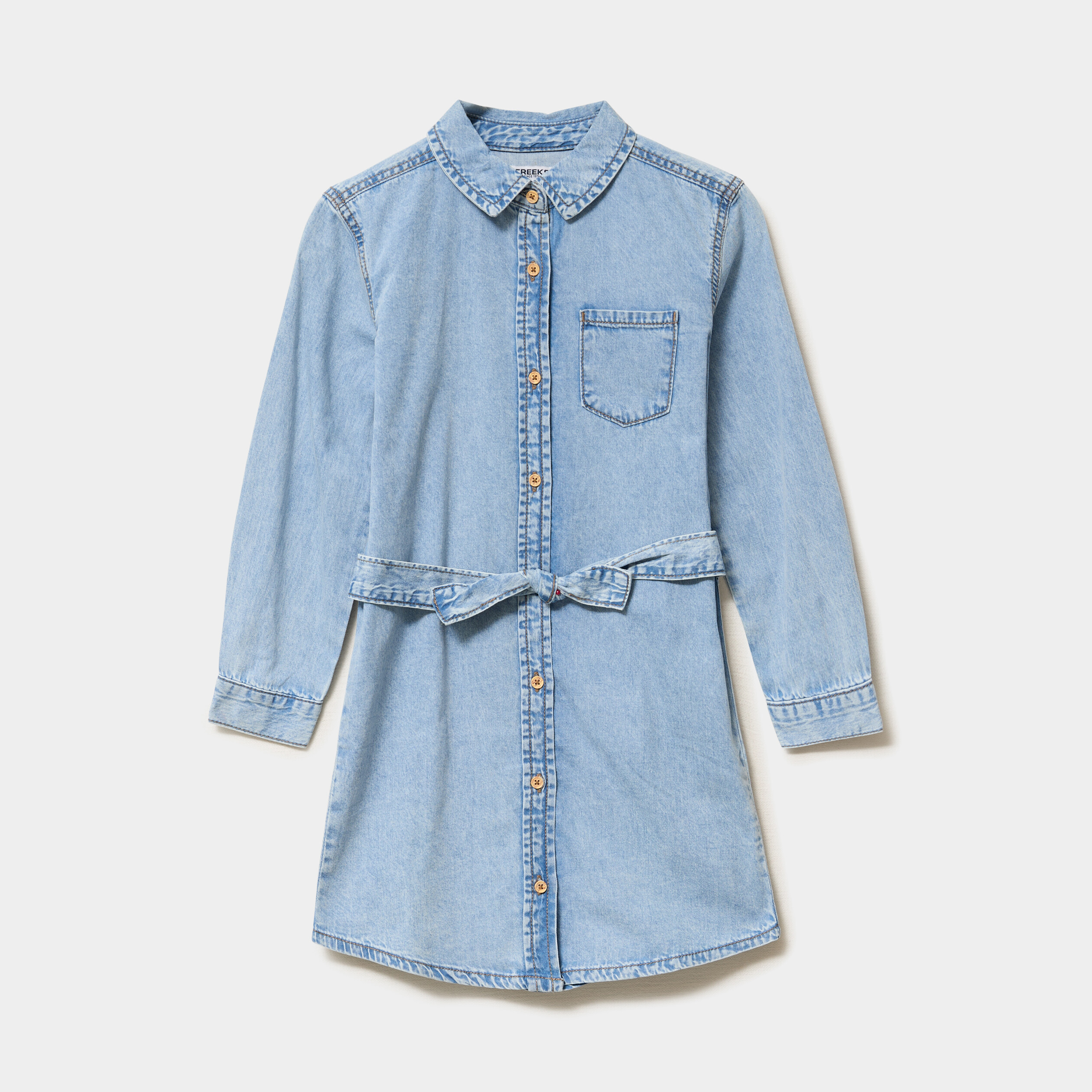 Robe chemise en jean ceintur&eacute;e coton denim double stone fille