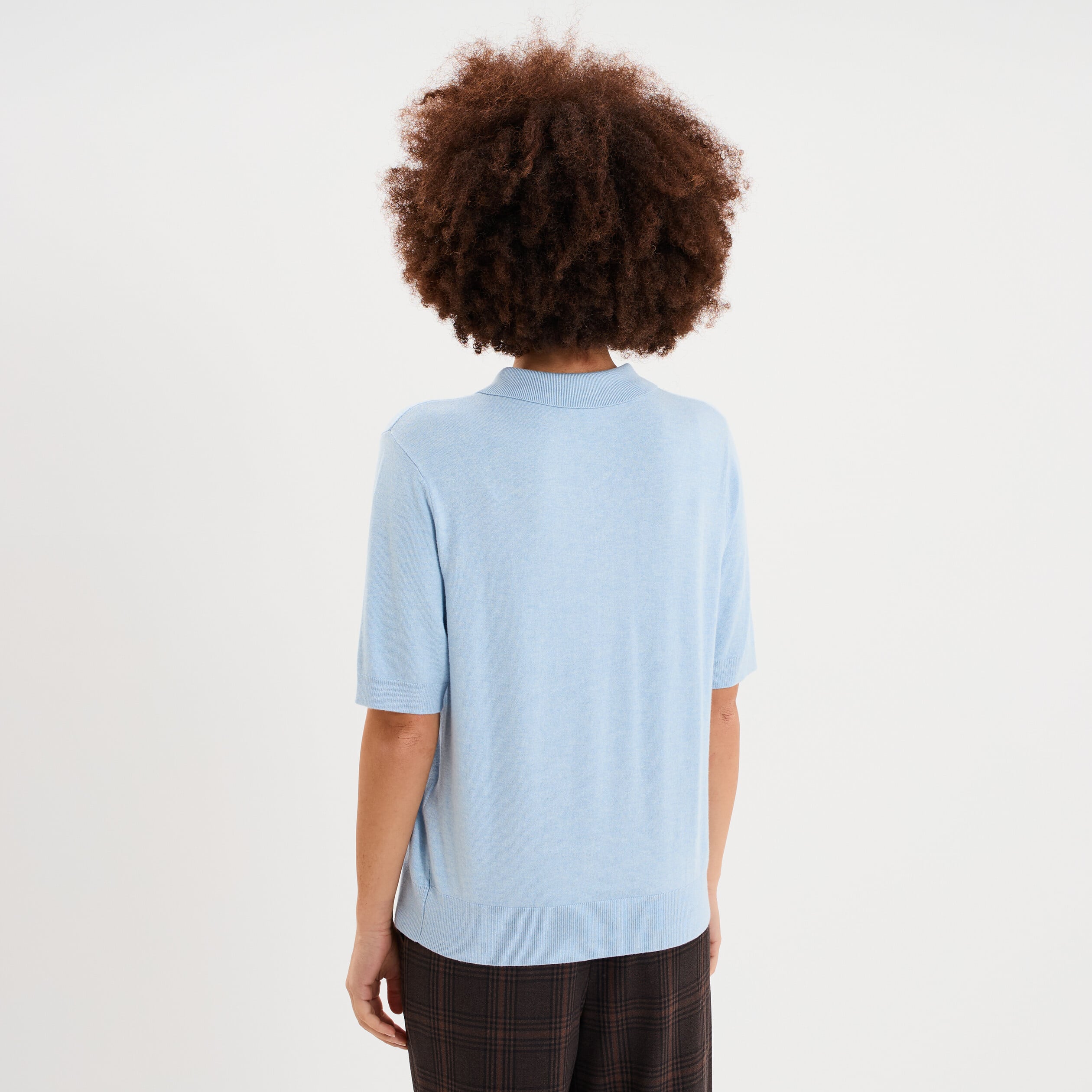 Pull col polo manches courtes bleu femme