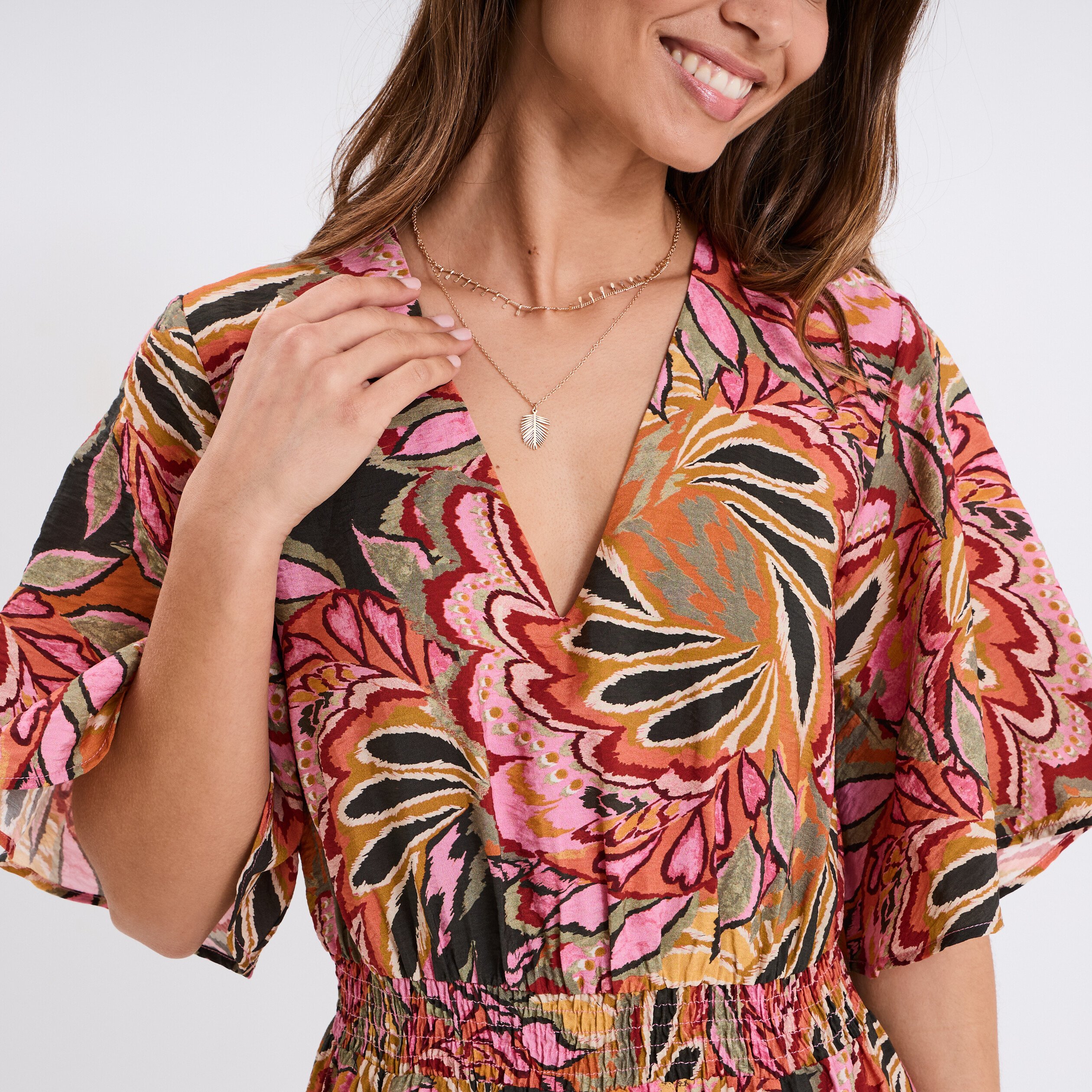 robe longue col en v taille elastiquee multicolore femme Robe longue col en V taille élastiquée multicolore femme