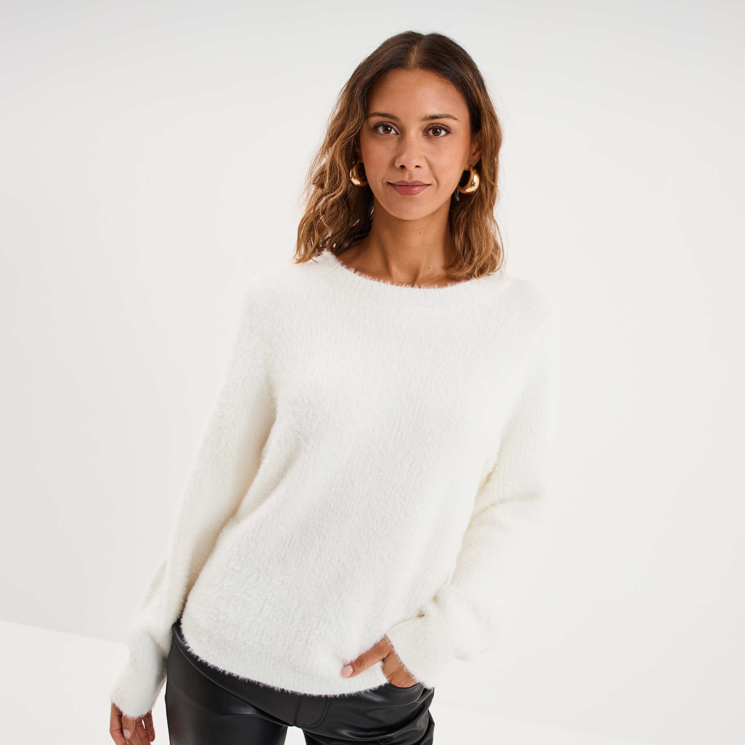 Pull doux col rond manches longues blanc femme La Halle