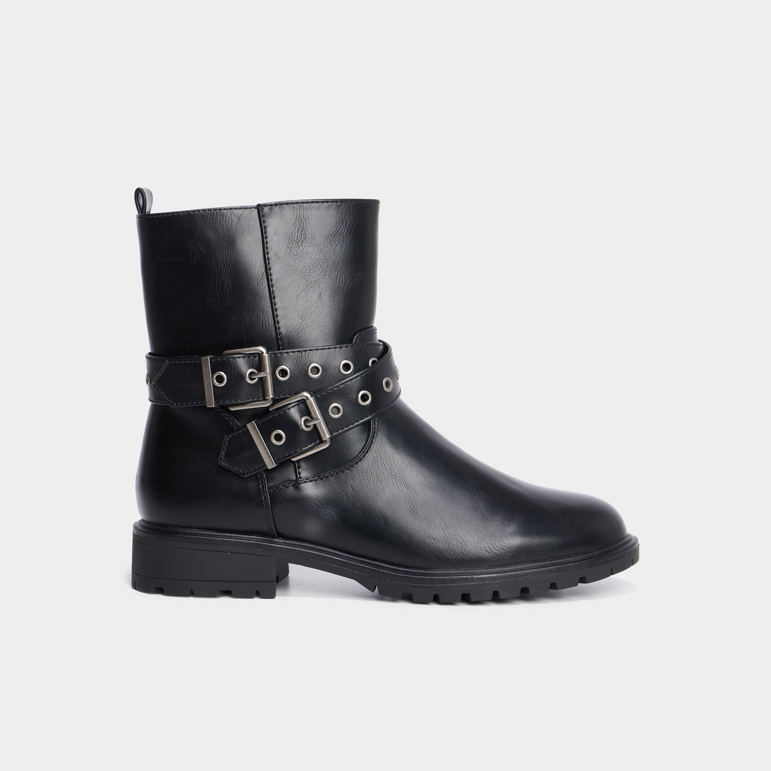Bottines &agrave; semelle crant&eacute;e talons plats noir femme
