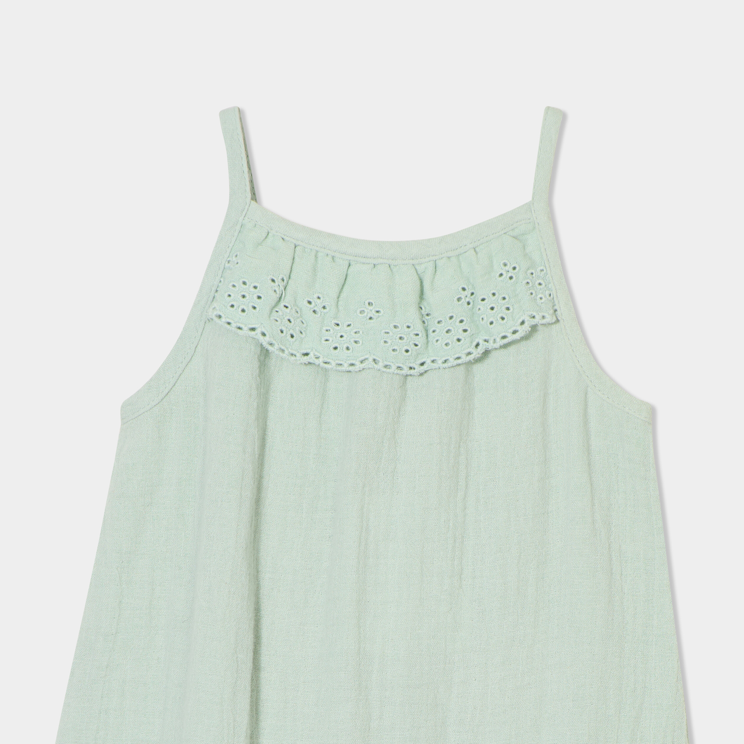 Combinaison bretelles fines gaze coton vert pastel b&eacute;b&eacute; fille