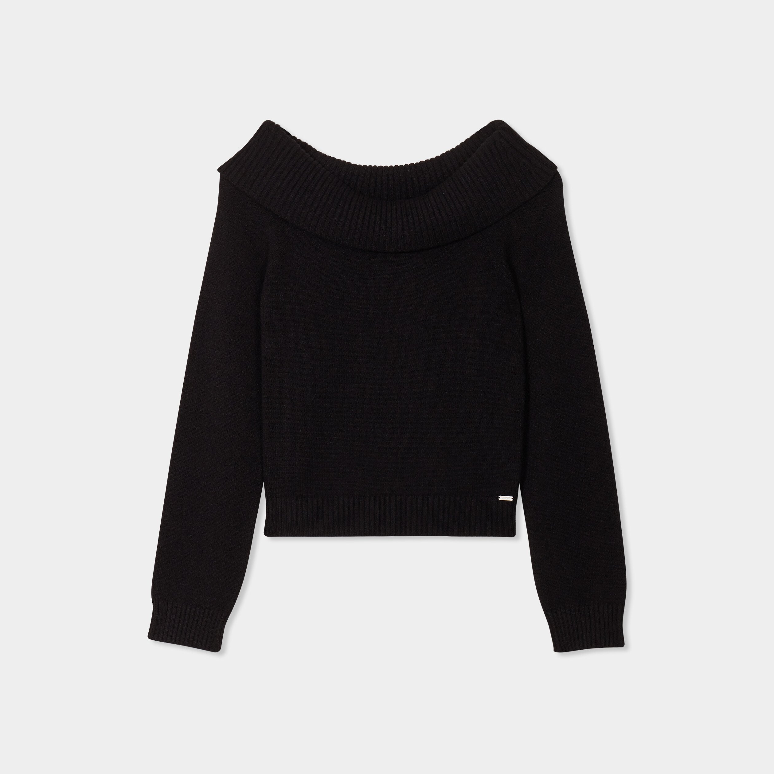 Pull cintré col bateau manches longues noir femme
