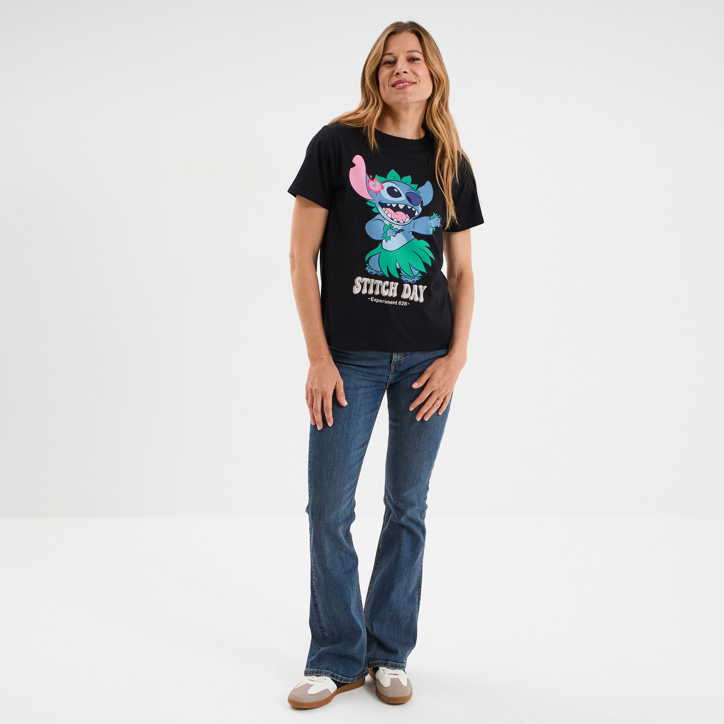 T-shirt manches courtes coton Stitch noir femme