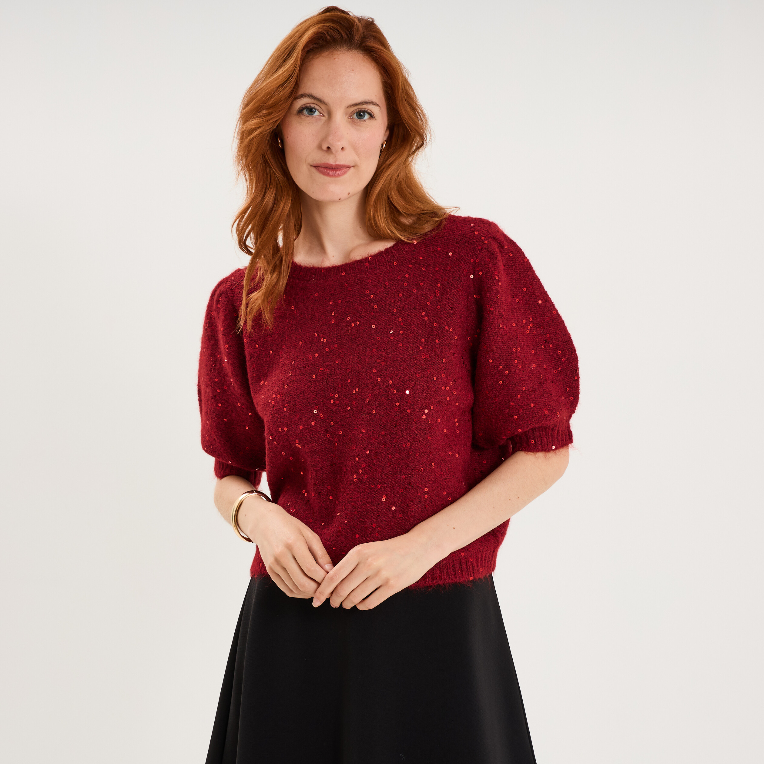 Pull sequins et manches courtes ballons rouge femme