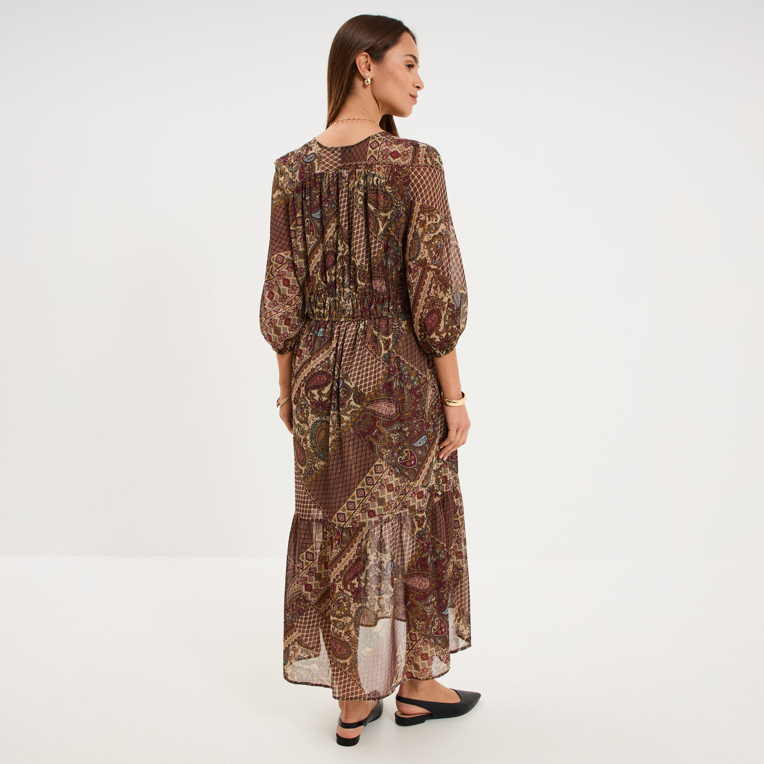 Robe longue manches 3/4 col en V vert kaki femme