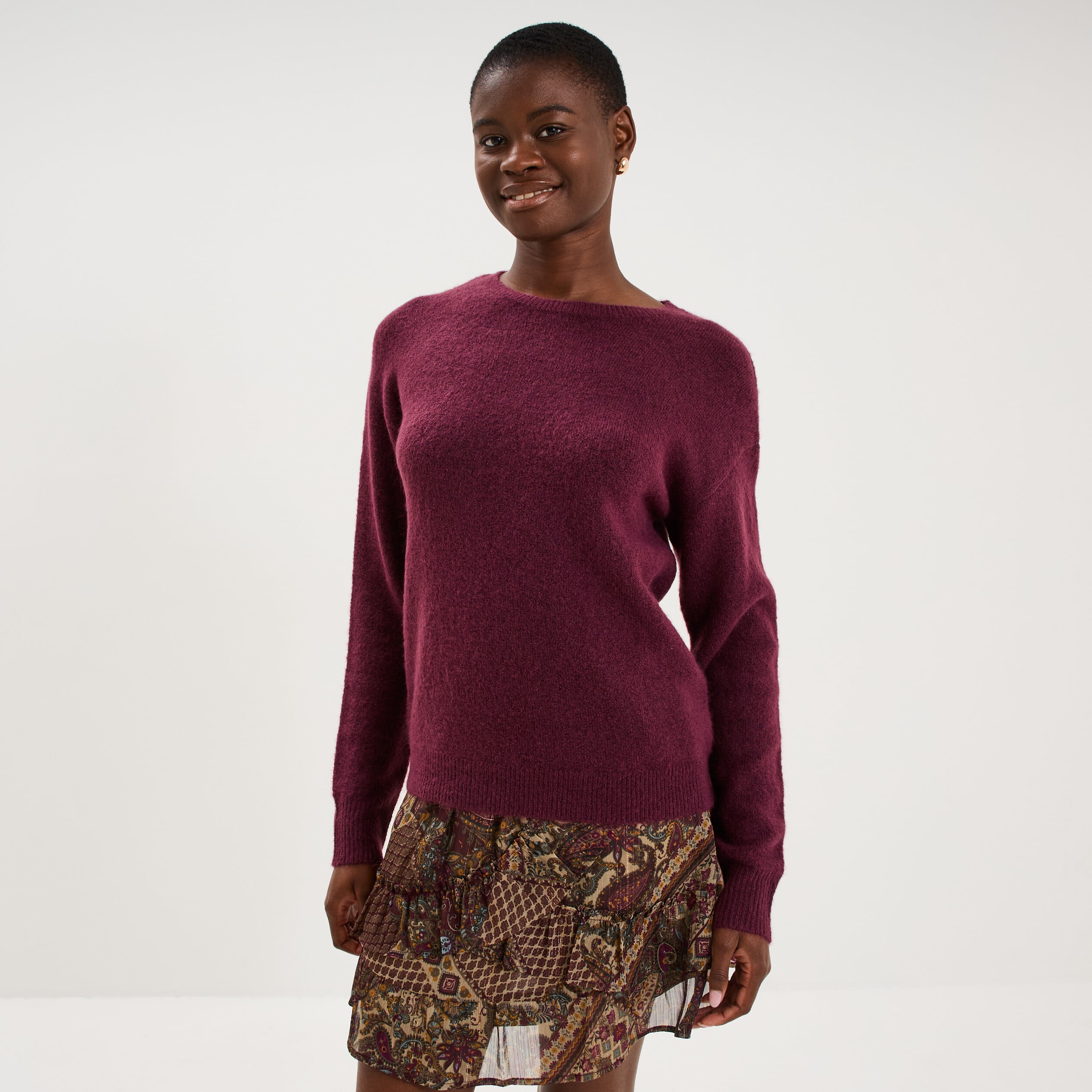 Pull col rond manches longues prune femme