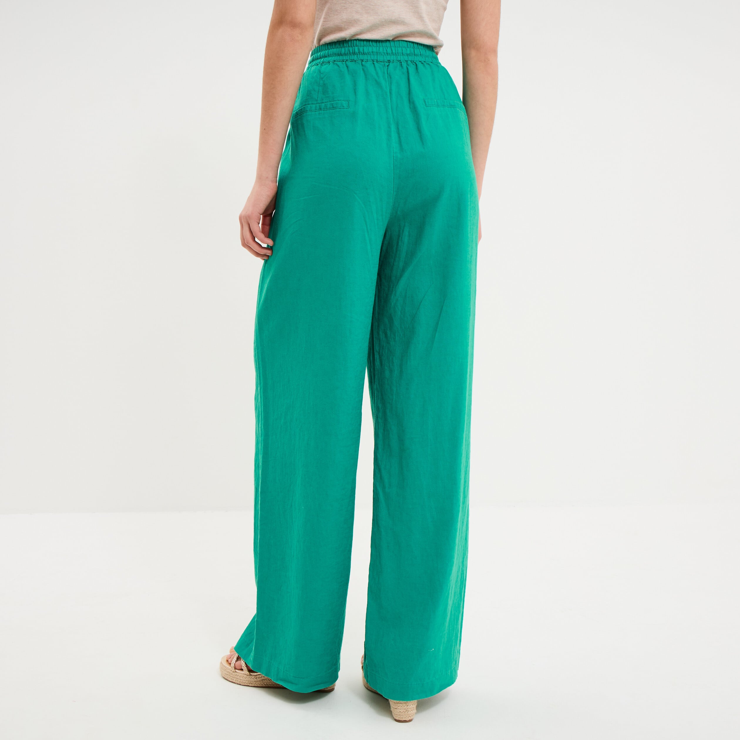 Pantalon large lin m&eacute;lang&eacute; vert canard femme