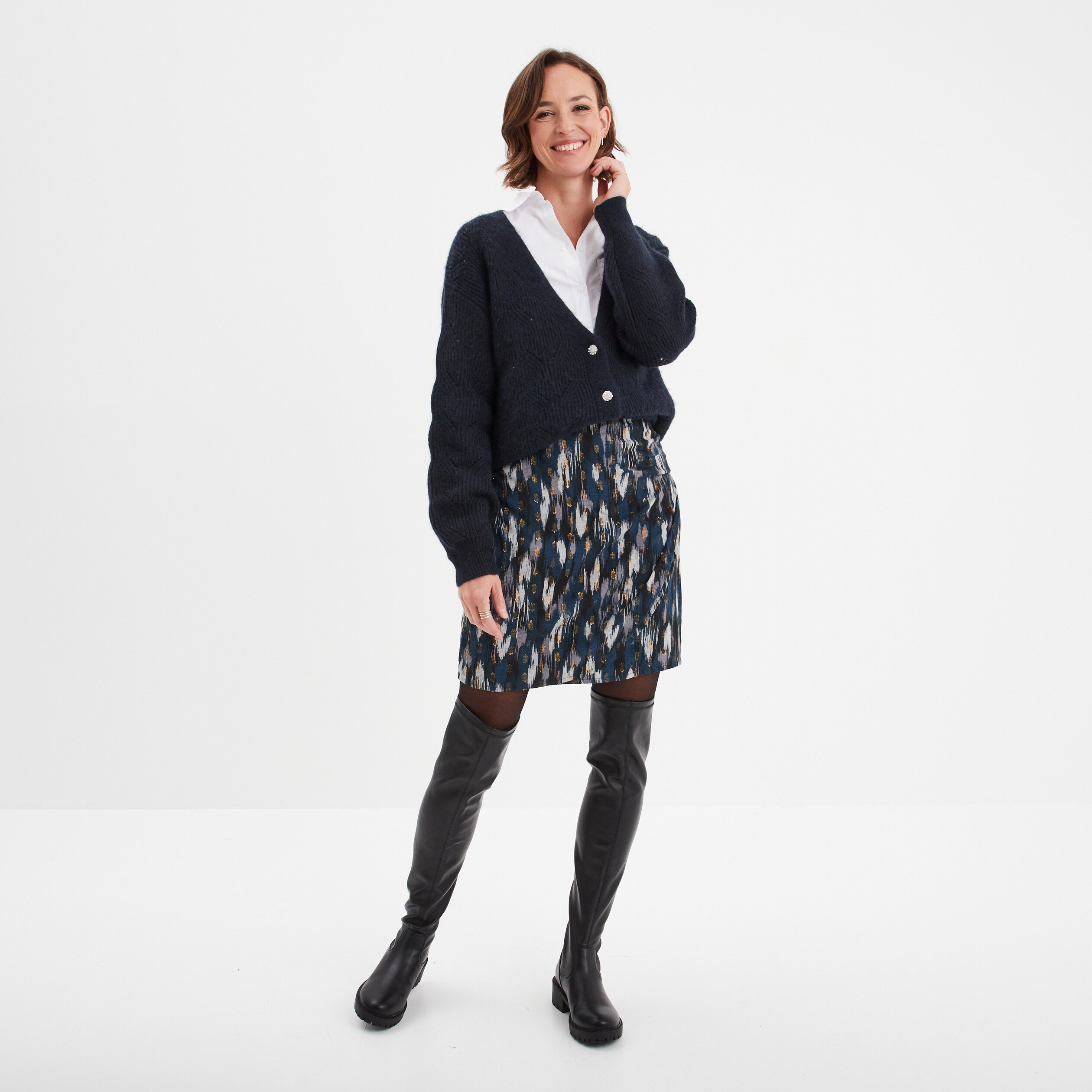 gilet col en v boutonne manches longues bleu fonce femme Gilet col en V boutonné manches longues bleu foncé femme