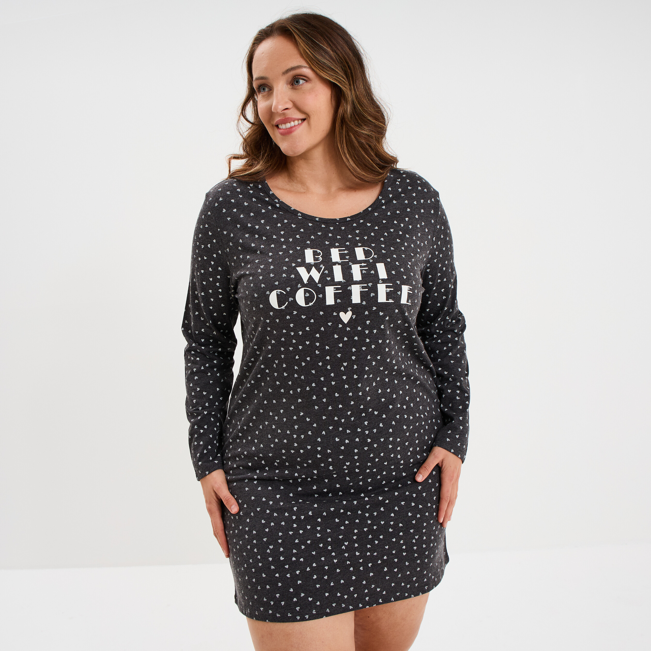 Chemise de nuit manches longues gris fonc&eacute; femme grande taille