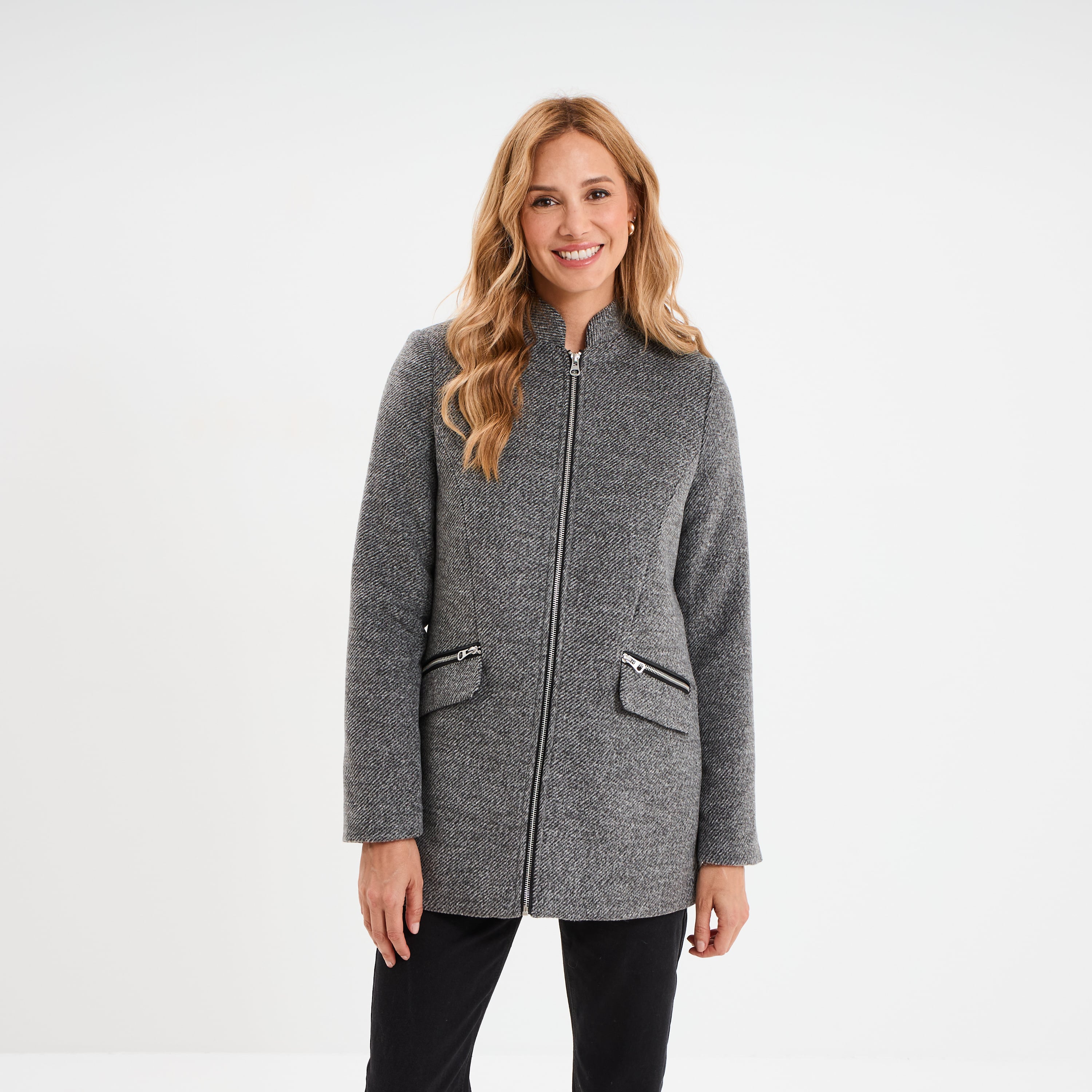 Manteau mi-long cintr&eacute; zipp&eacute; col montant gris fonc&eacute; femme