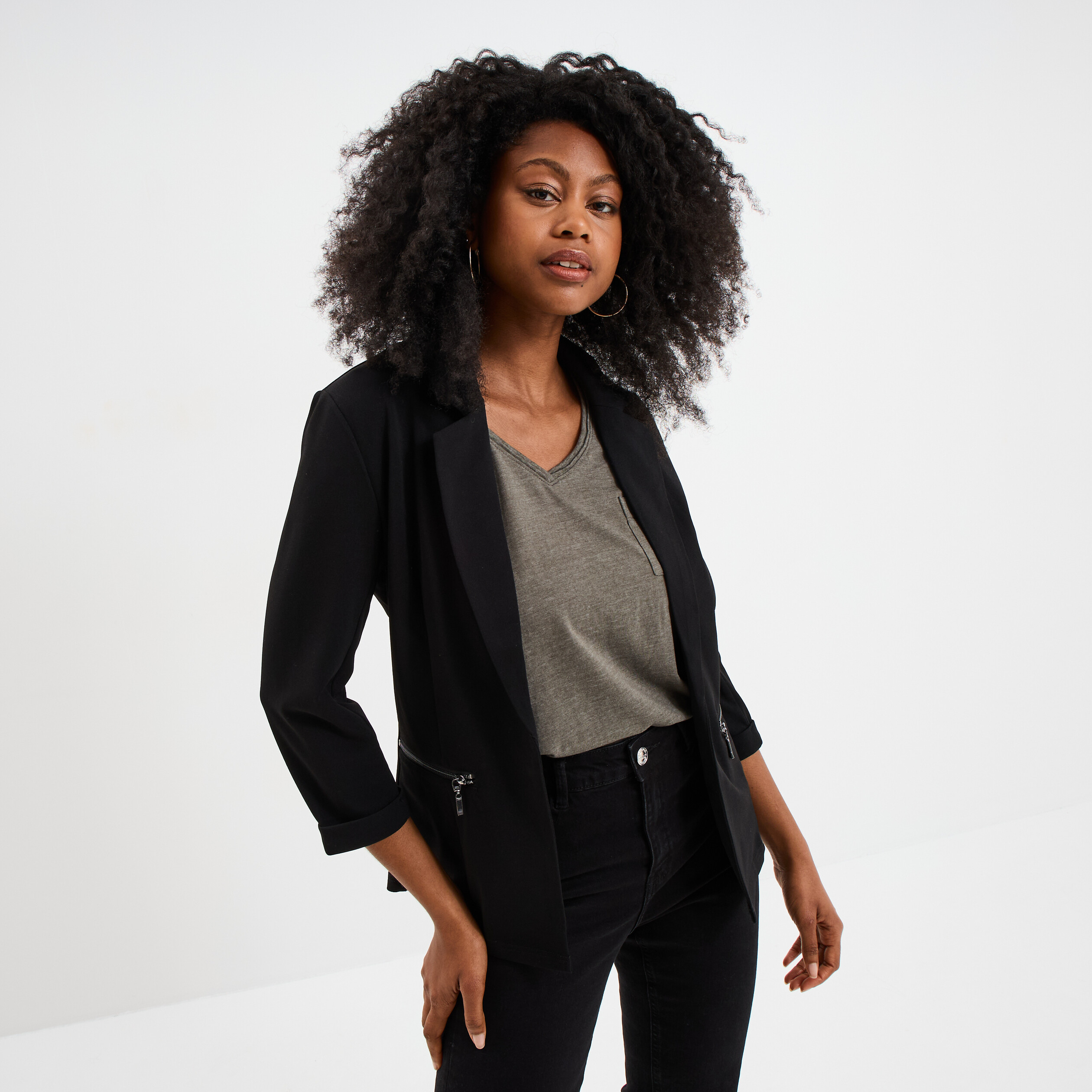 Veste blazer cintré manches 3/4 noir femme