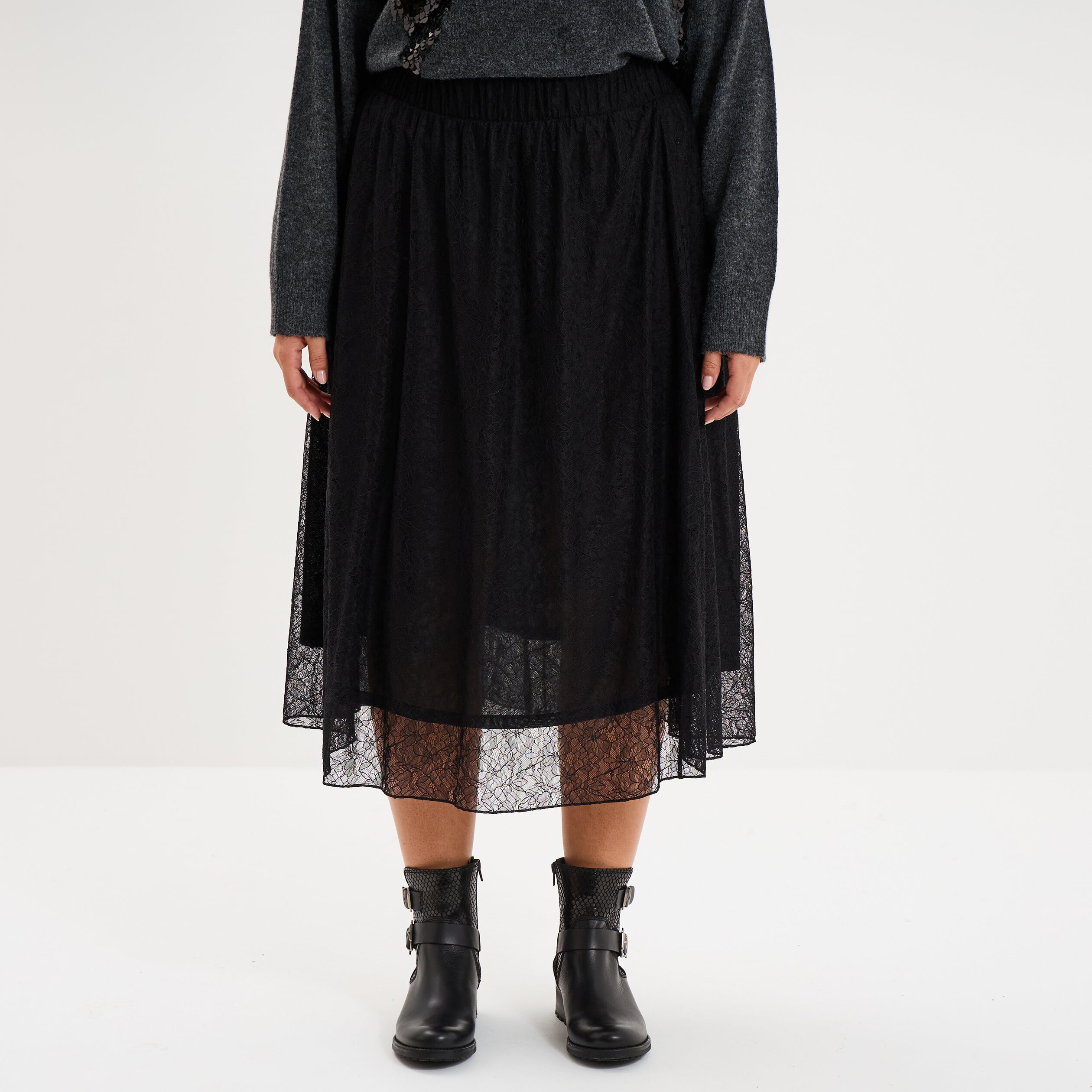 Jupe longue &eacute;vas&eacute;e en dentelle noir femme grande taille