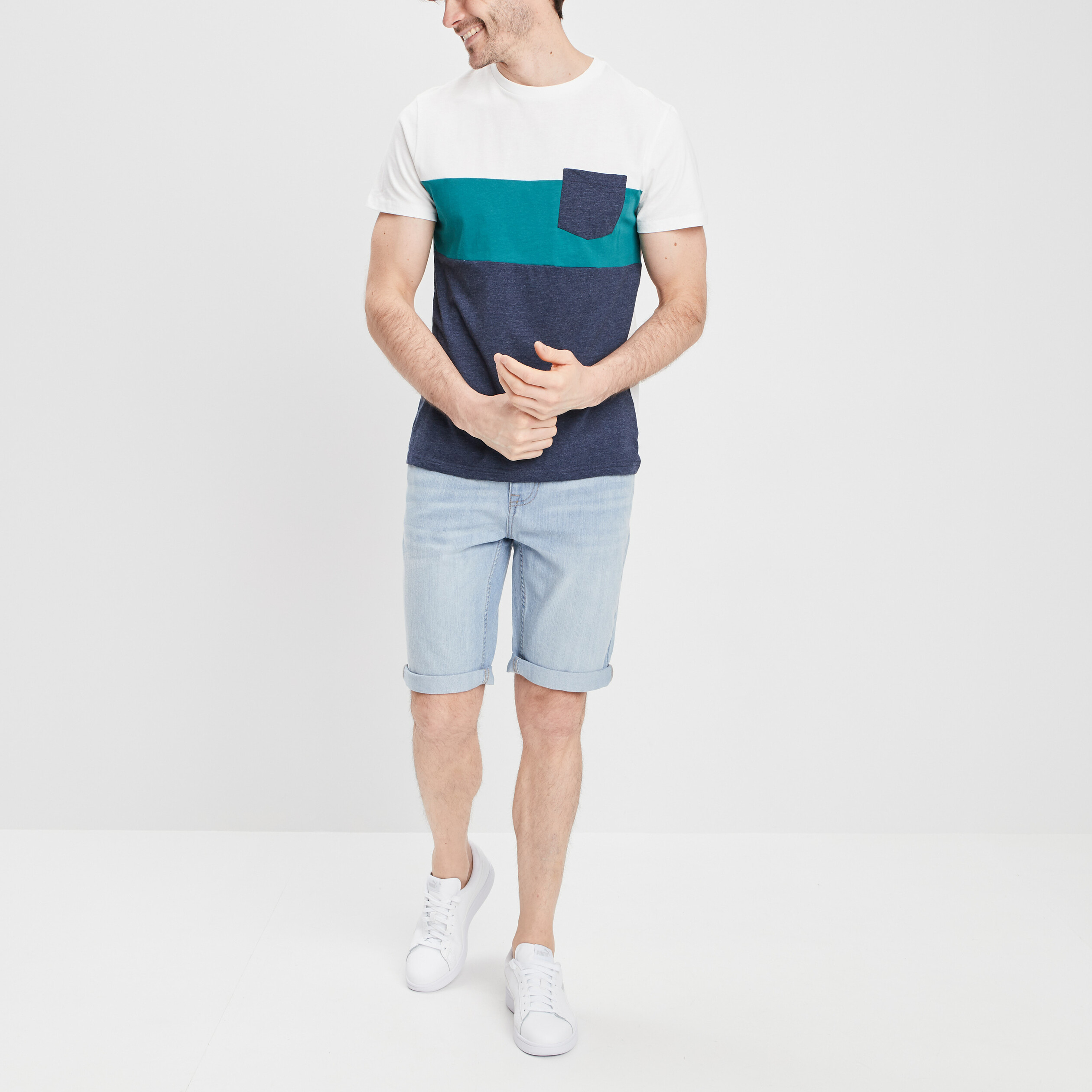 Bermuda stretch droit en jean denim bleach homme