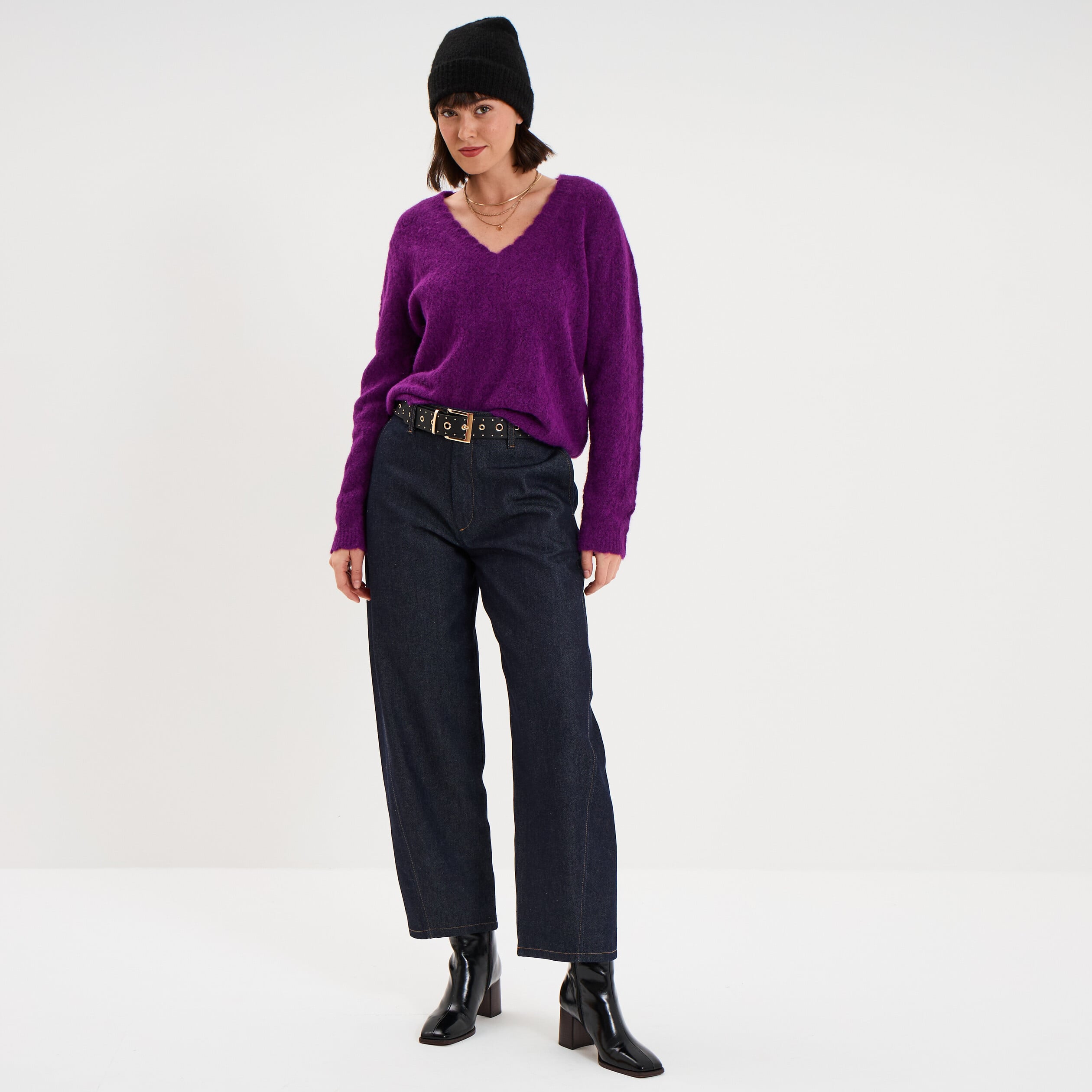 Pull col V ajour&eacute; manches longues violet fonc&eacute; femme