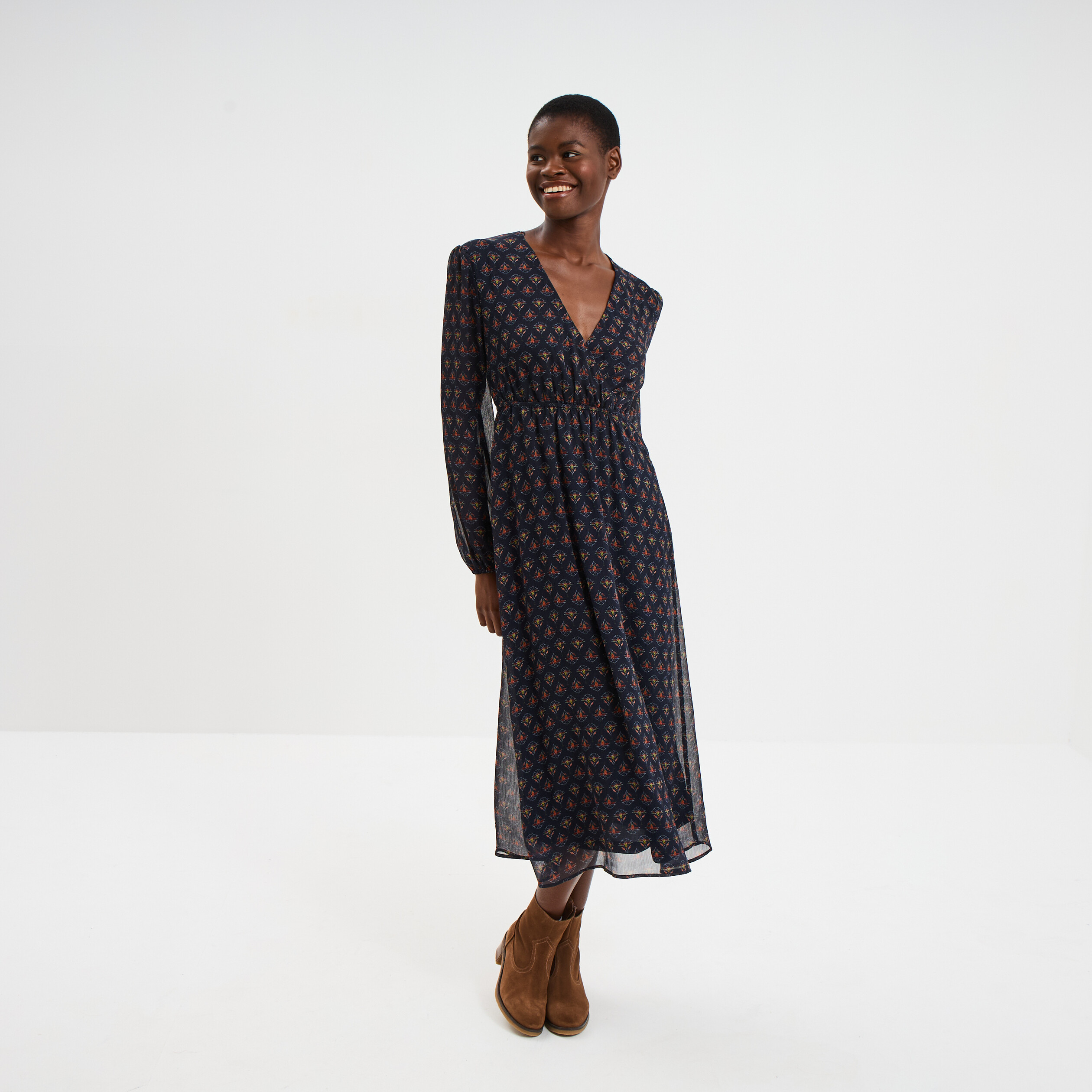 Robe longue empire manches longues bleu marine femme