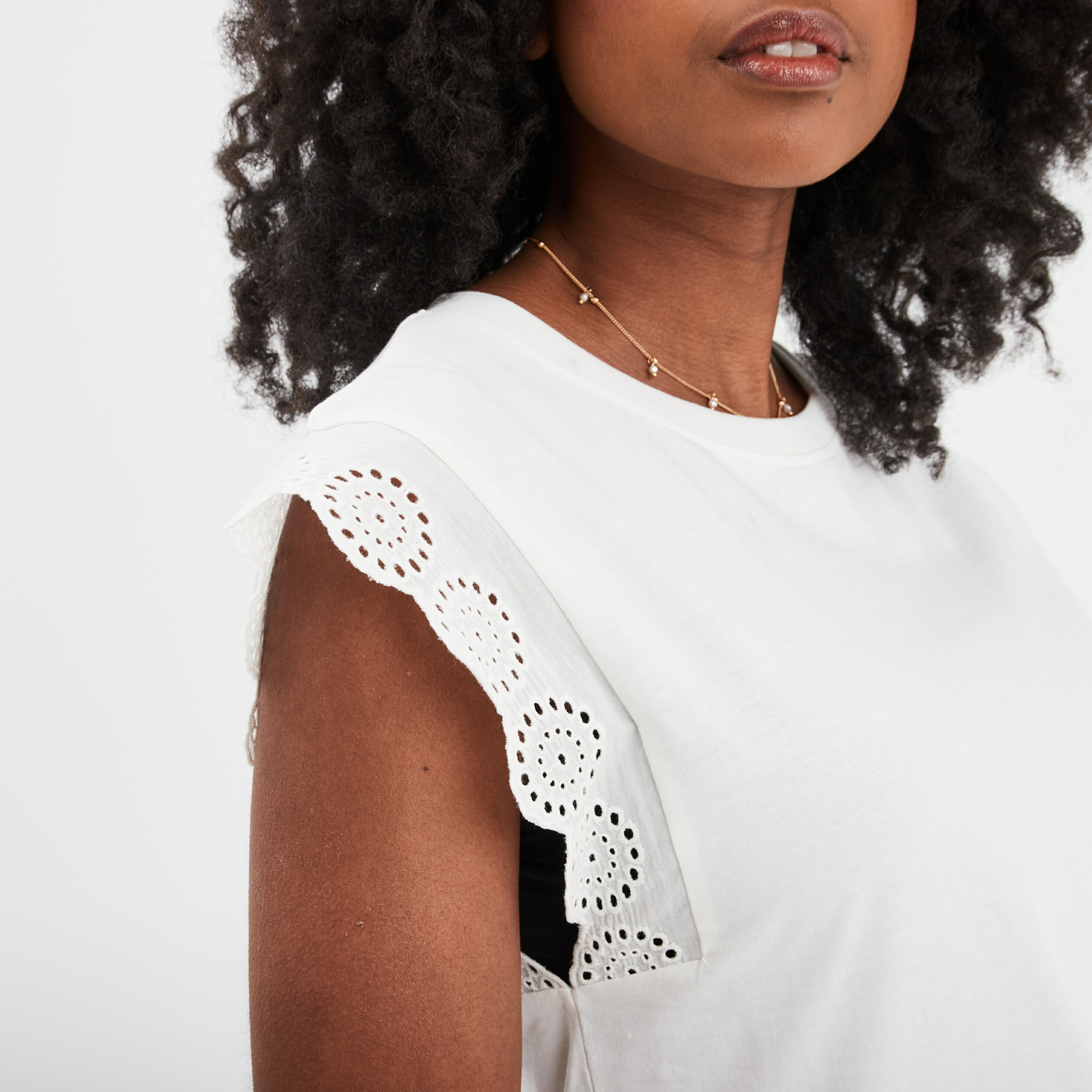 t shirt manches broderie anglaise blanc femme T-shirt manches broderie anglaise blanc femme
