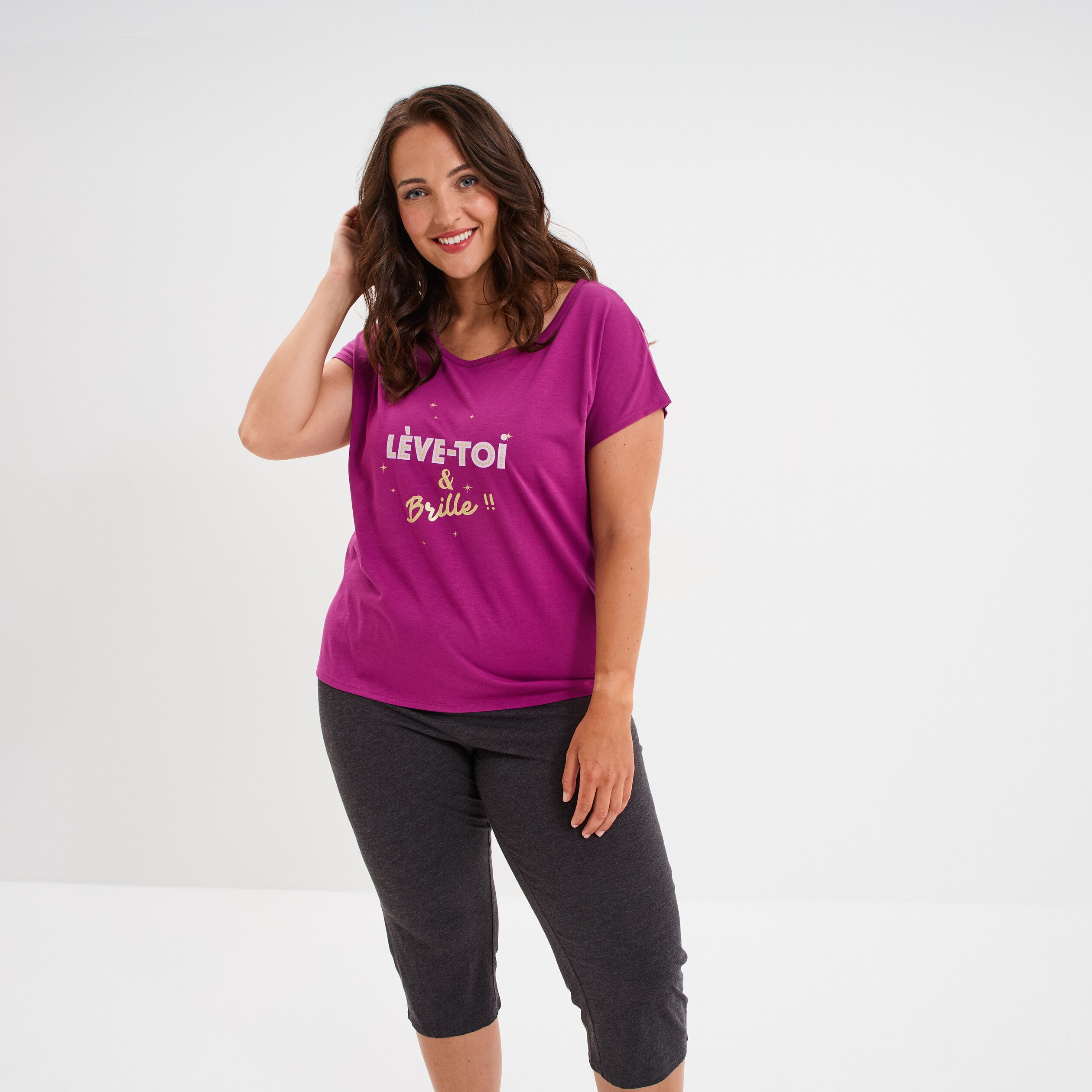 ensemble pyjama corsaire et t shirt violet femmegt Ensemble pyjama corsaire et t-shirt violet femme grande taille