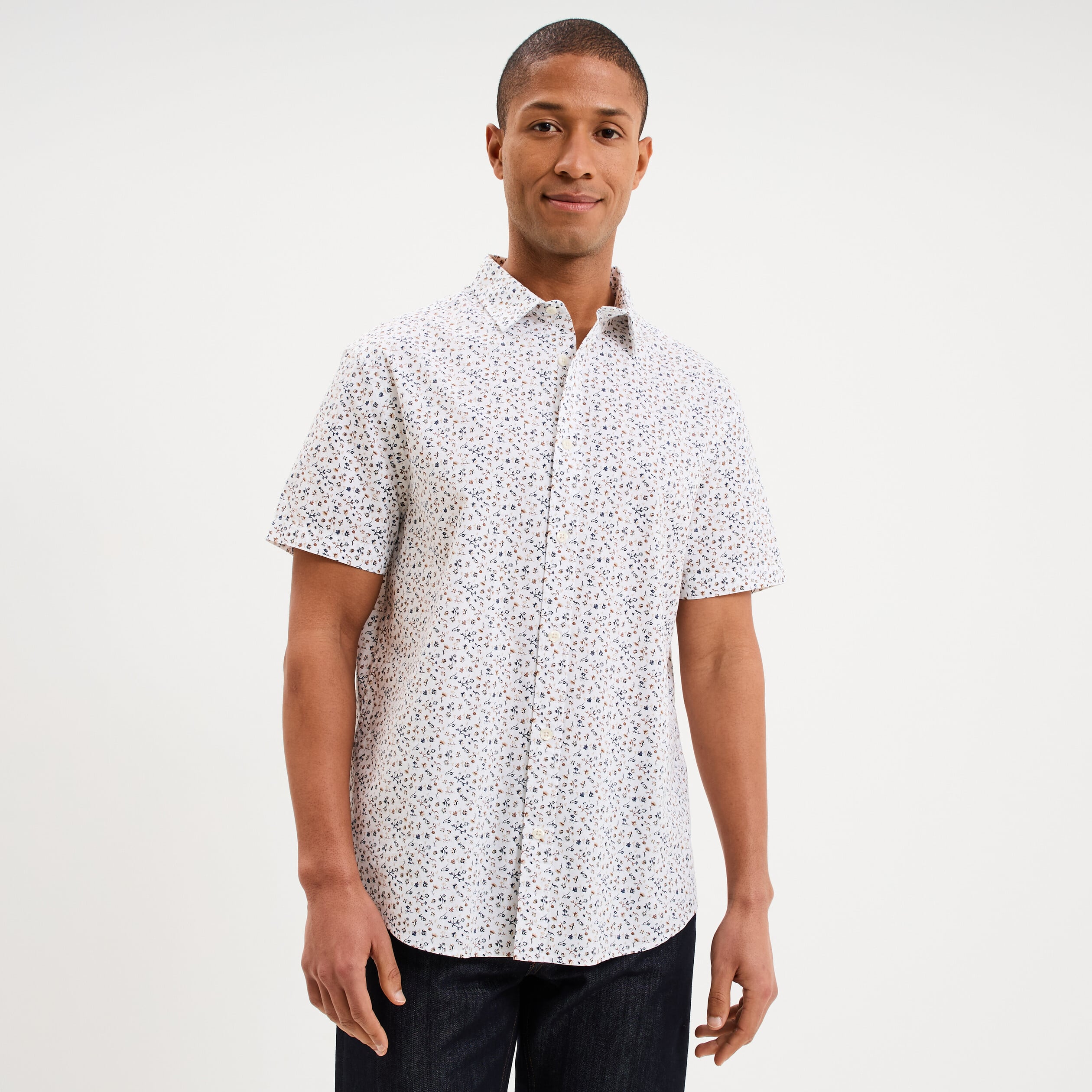 Chemise droite manches courtes coton ecru homme