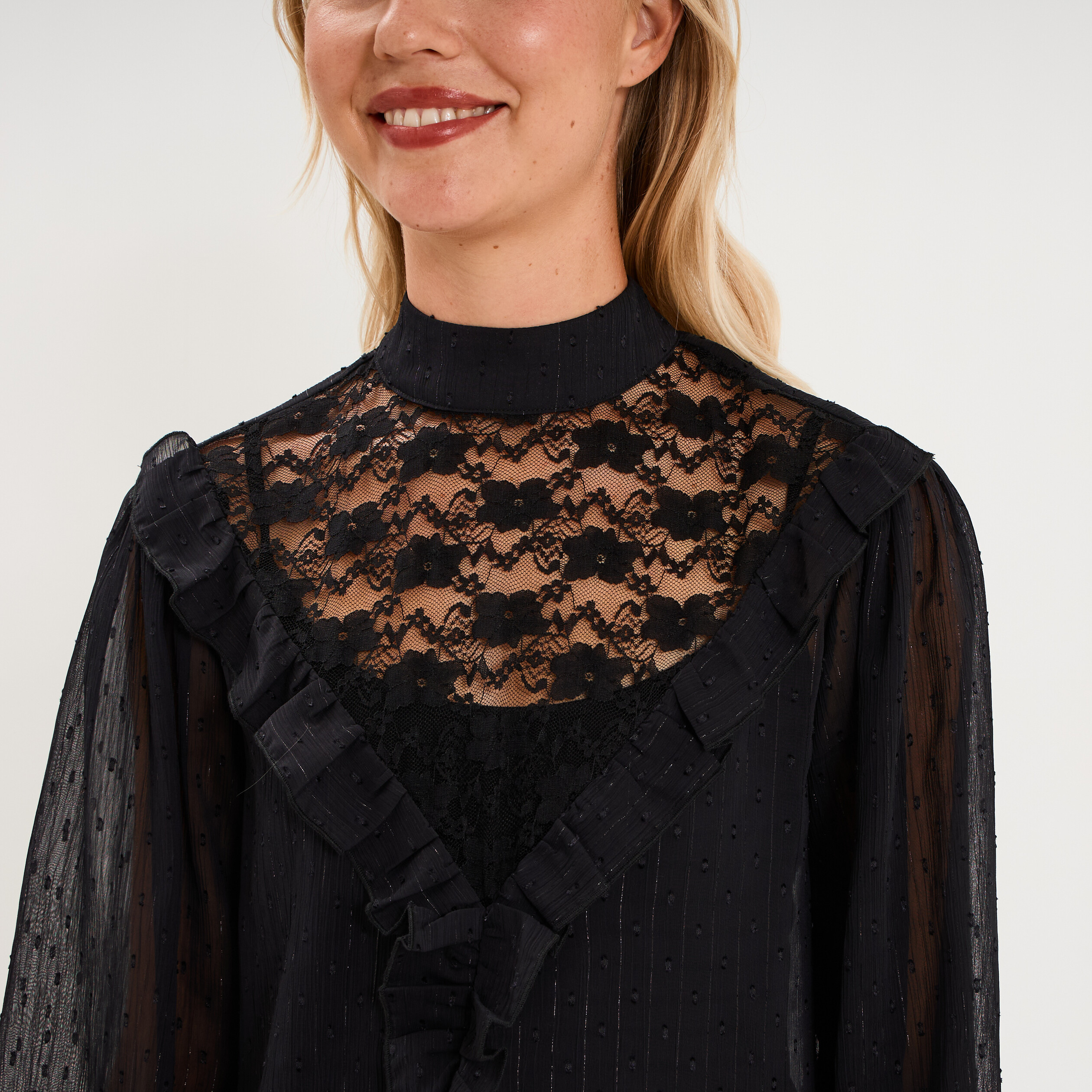 Blouse droite dentelle et volants noir femme