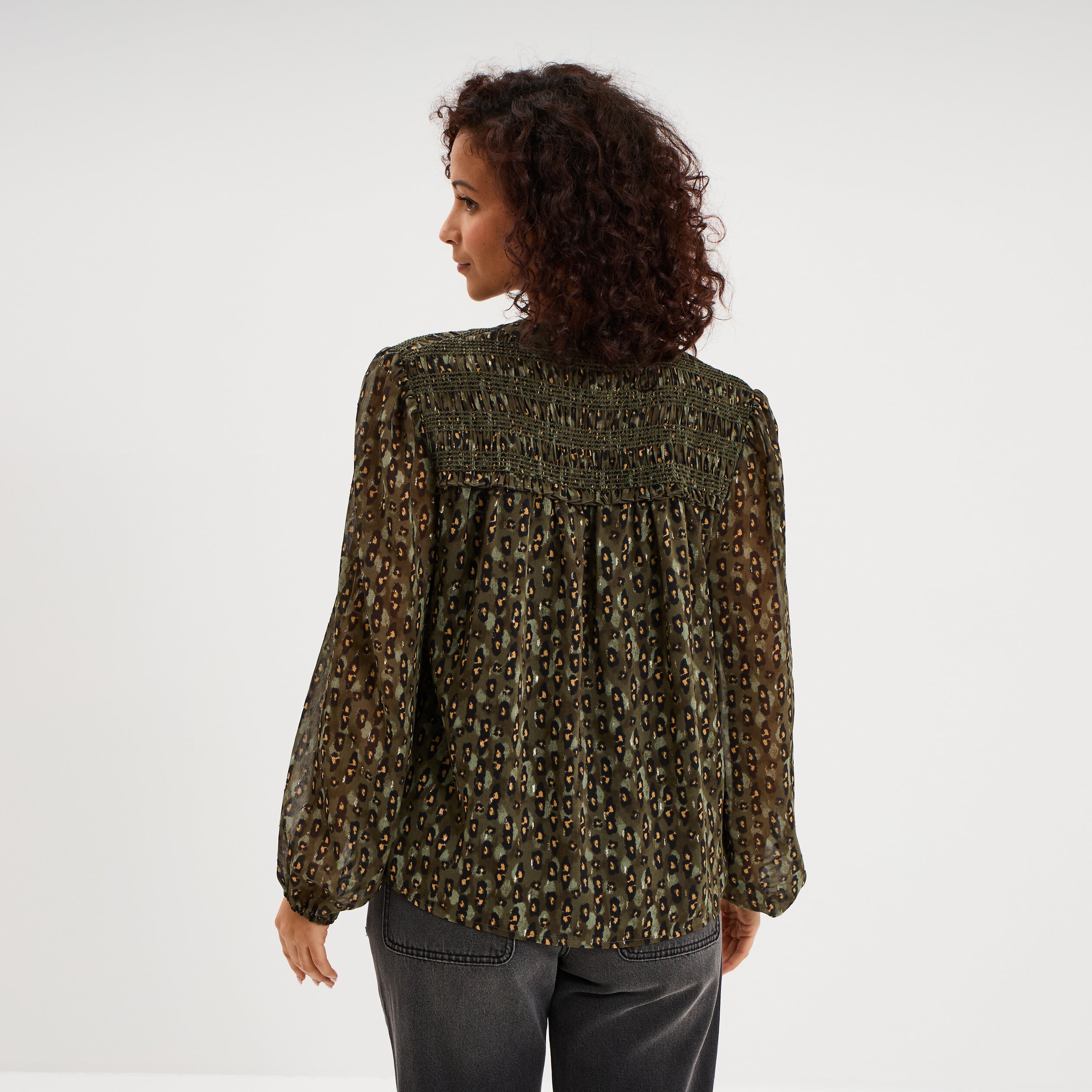 Blouse col tunisien manches longues vert kaki femme