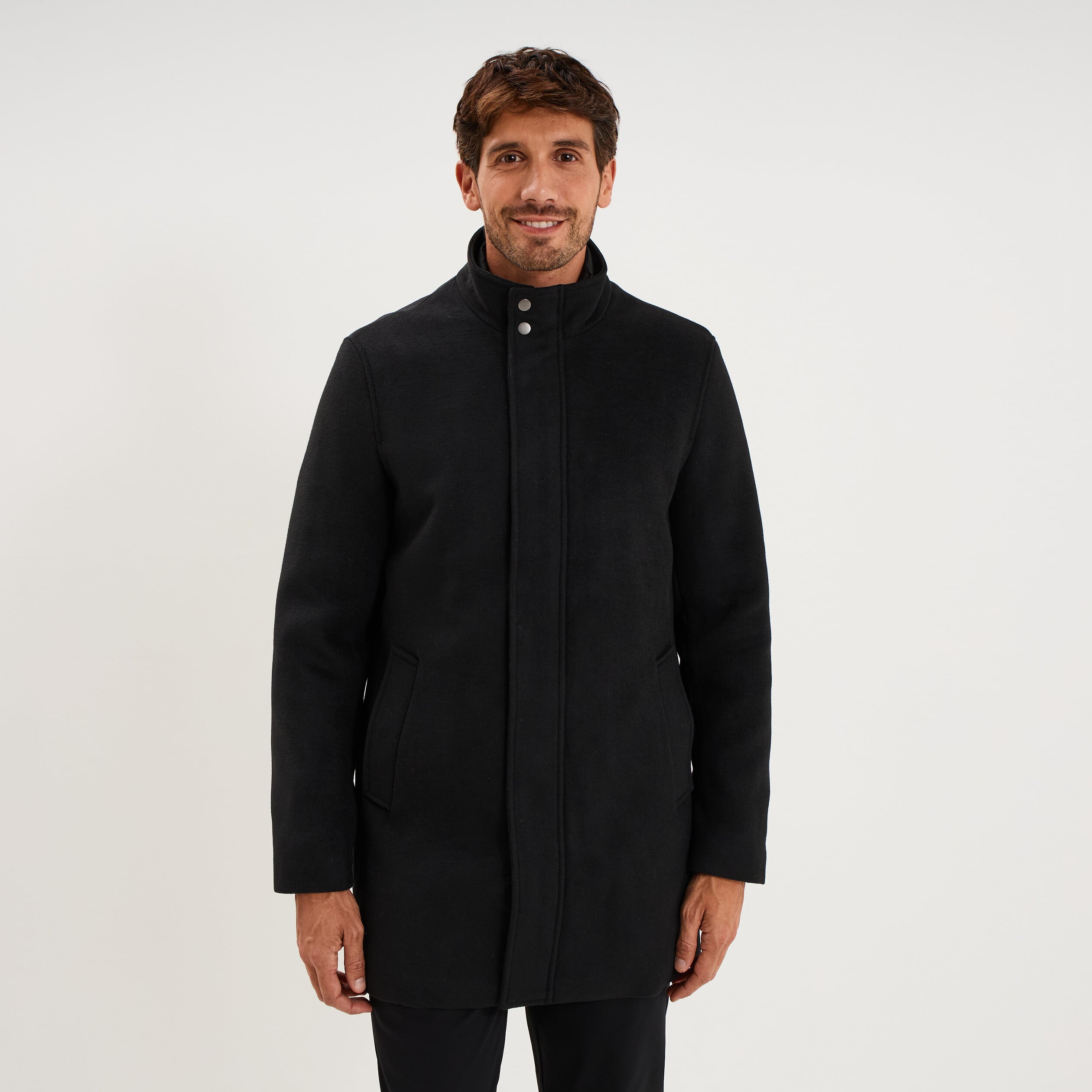 Manteau mi-long col montant zipp&eacute; noir homme